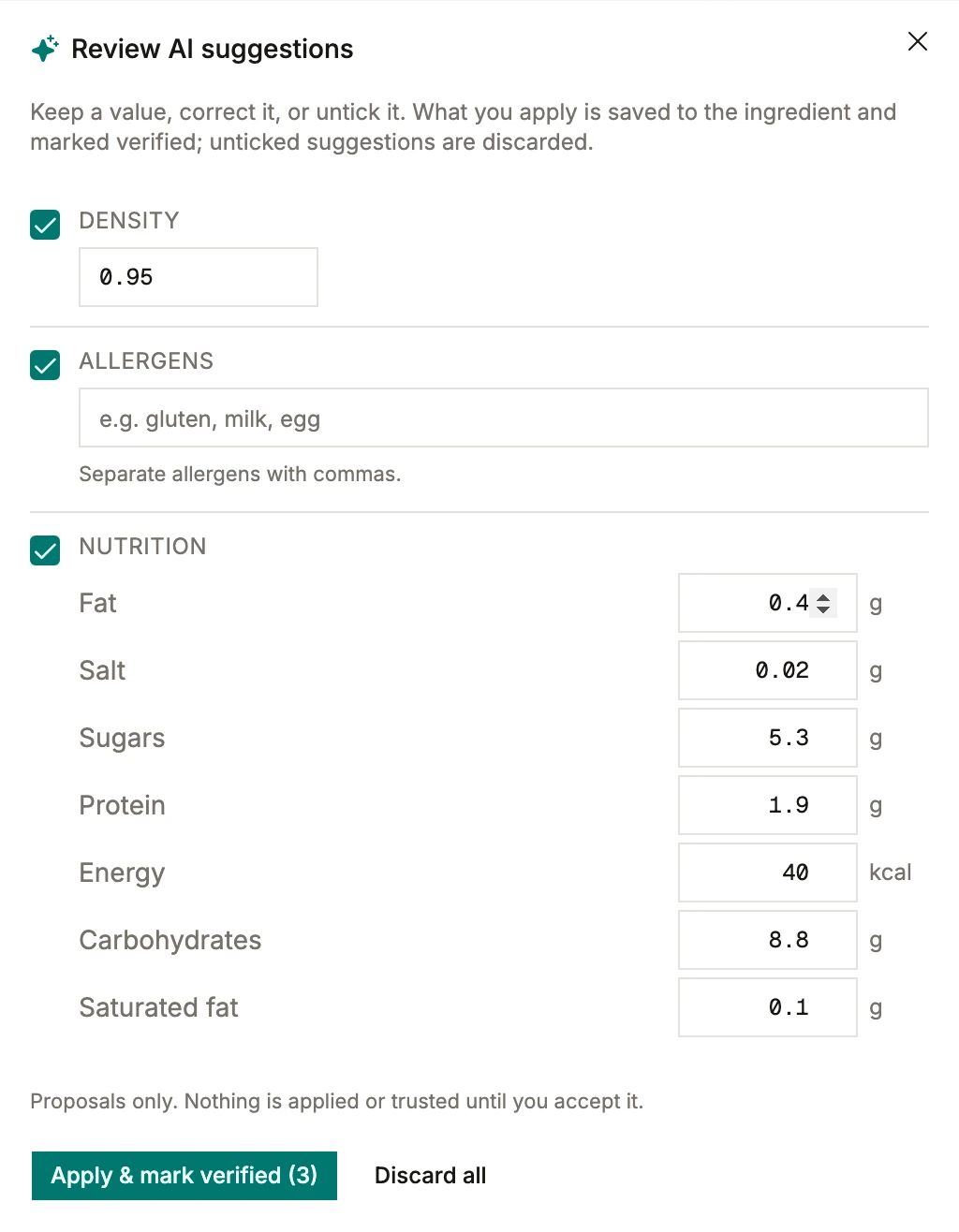 The review dialog in BatchDash: AI-proposed density, allergens and nutrition for an ingredient, each behind a checkbox, above the line “Proposals only. Nothing is applied or trusted until you accept it.”