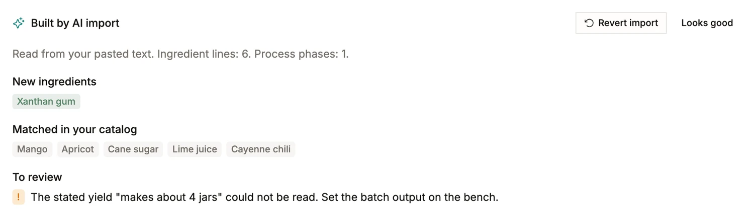 The AI import review in BatchDash: what the reading matched in the catalog, what it created, and the one thing it could not read, flagged for review.
