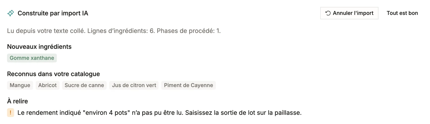 La relecture d'un import IA dans BatchDash: ce que la lecture a rattaché au catalogue, ce qu'elle a créé, et la seule chose qu'elle n'a pas su lire, signalée pour relecture.