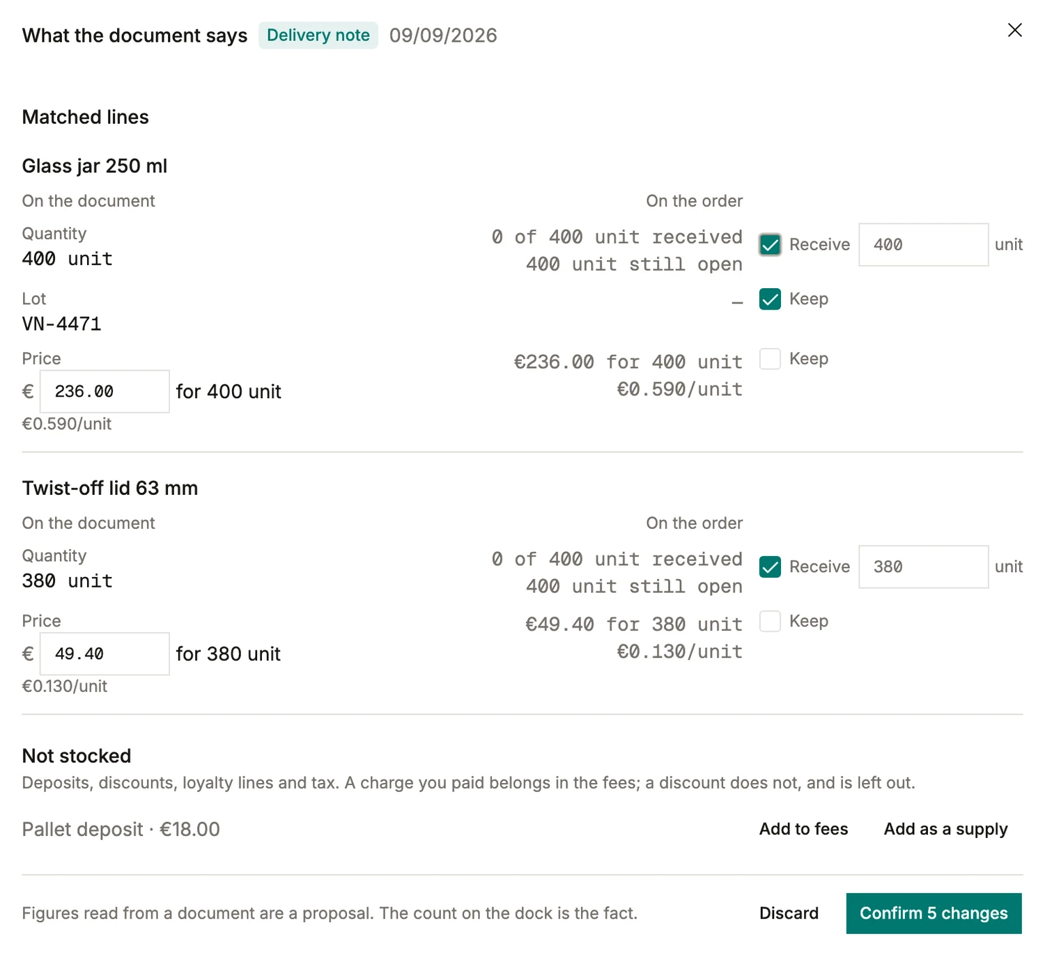 A delivery note read against a purchase order in BatchDash: the document’s quantity, lot and price beside the order’s, a Keep box on each field, and a pallet deposit held out of the purchase.