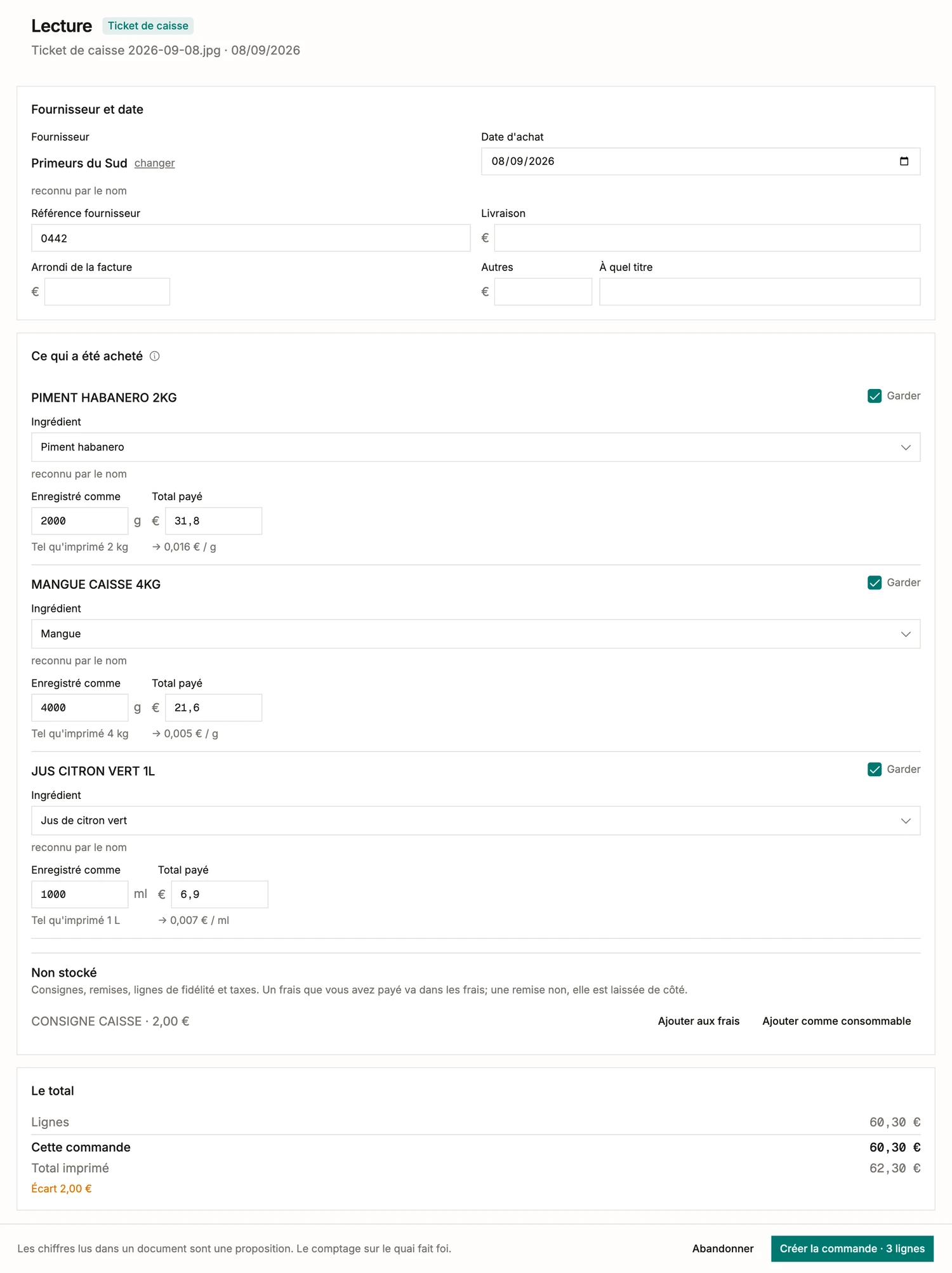 Un ticket de caisse lu en achat dans BatchDash: chaque ligne imprimée rattachée à un ingrédient avec ce qu'elle représente vraiment, la consigne mise de côté, et le total contrôlé contre ce qu'a imprimé le ticket.