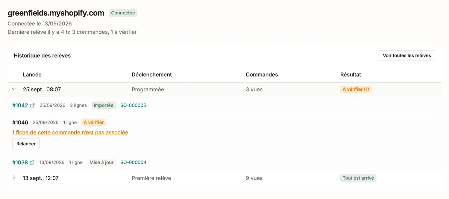 Une boutique Shopify connectée dans BatchDash: l'état de la connexion au-dessus de l'historique des relèves, une commande à vérifier.