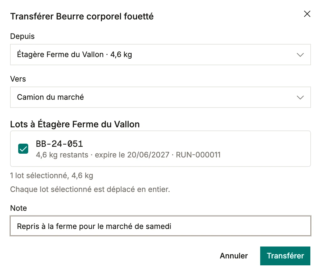 Déplacer du stock entre emplacements dans BatchDash: du beurre corporel fouetté de l'étagère de la Ferme du Vallon vers le camion du marché, son lot BB-24-051 de 4,6 kg sélectionné avec sa date de péremption et la fabrication RUN-000011 qui l'a produit, déplacé en entier, avec une note pour le marché de samedi.