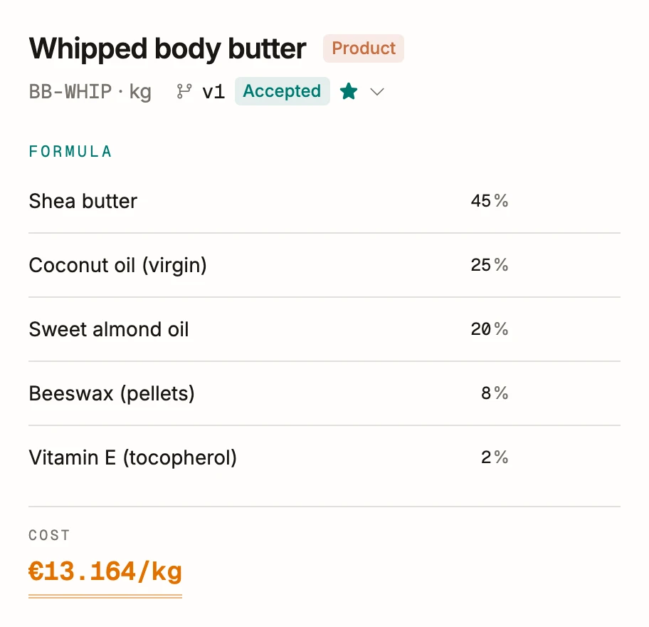A cosmetic formula in BatchDash: the whipped body butter from 45% shea butter down to 2% tocopherol, with its cost per kilogram underneath.