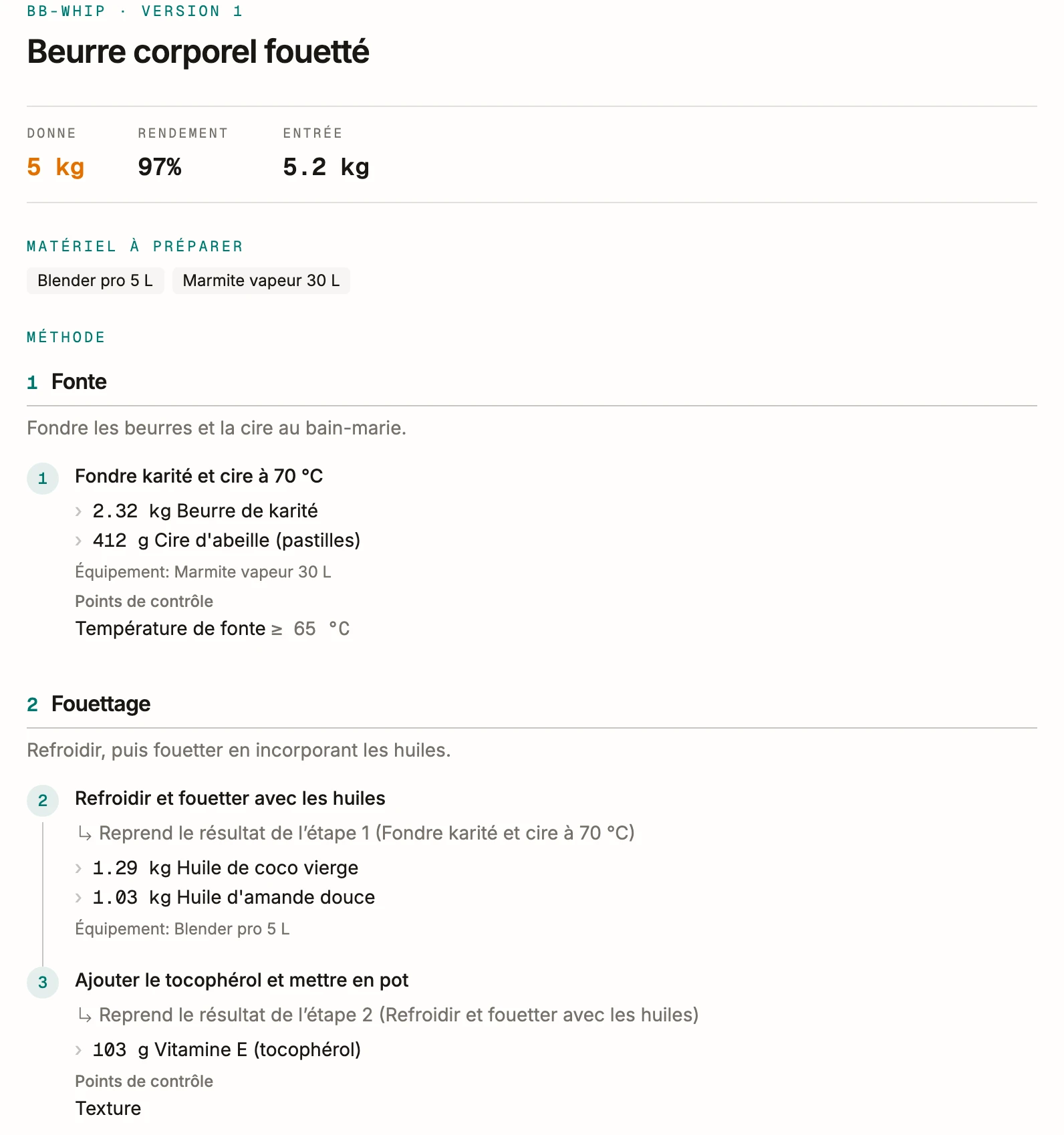 La fiche recette du beurre corporel dans BatchDash à 5 kg: le matériel à sortir, puis les phases de fonte et de fouettage avec les grammes pesés à chaque étape et les contrôles demandés.