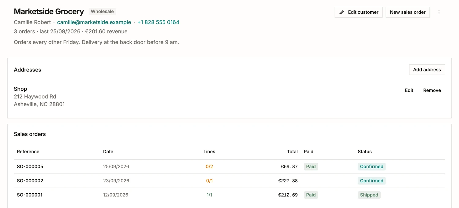 A customer page in BatchDash: their trade terms, contact details, order count and revenue, the standing delivery instruction, the shipping address, and every order placed with its shipped-lines counter, paid badge and status.