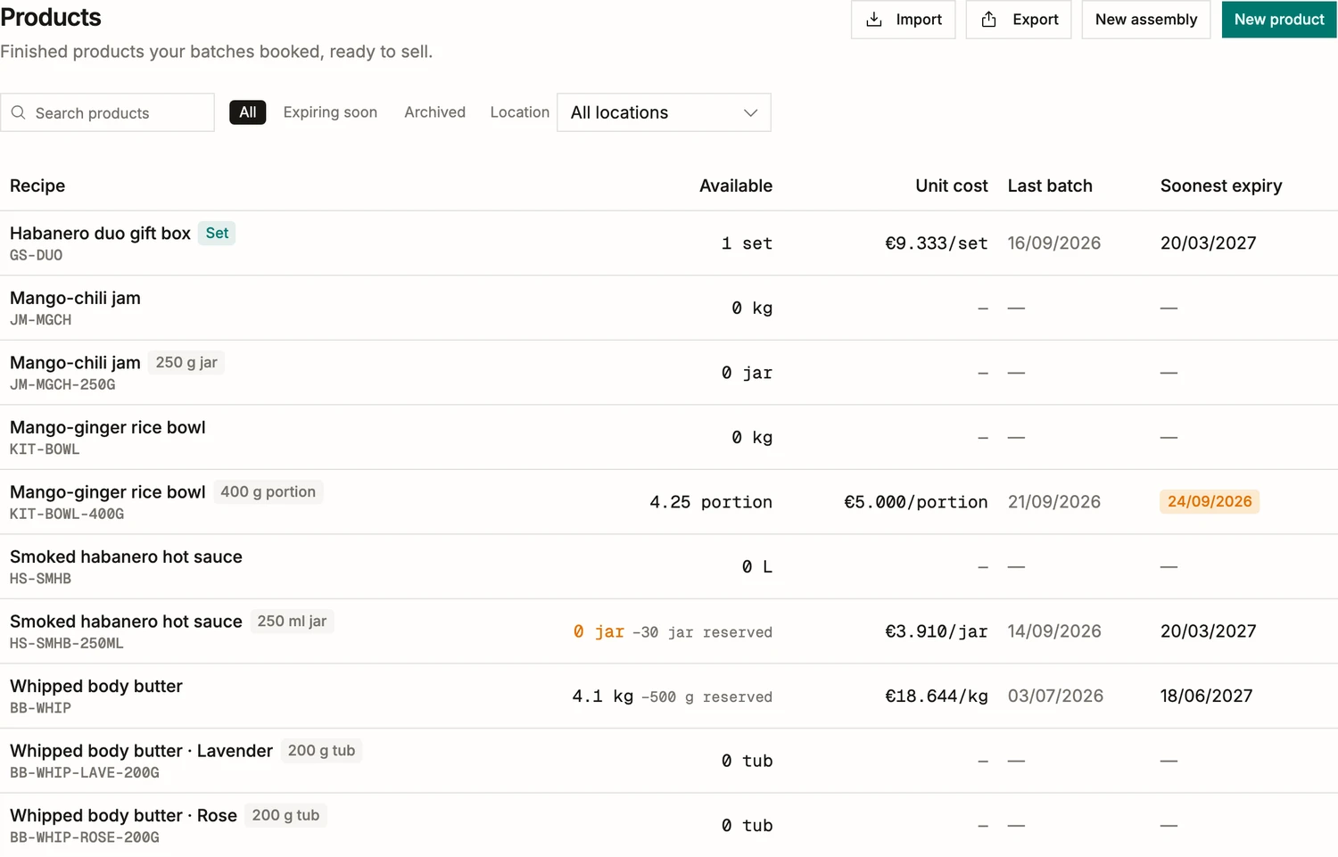 The finished-goods list in BatchDash: each product with what is available, its unit cost, the batch it last came off and that batch’s soonest expiry, one of them in amber three days out, and a filter for what is expiring soon.