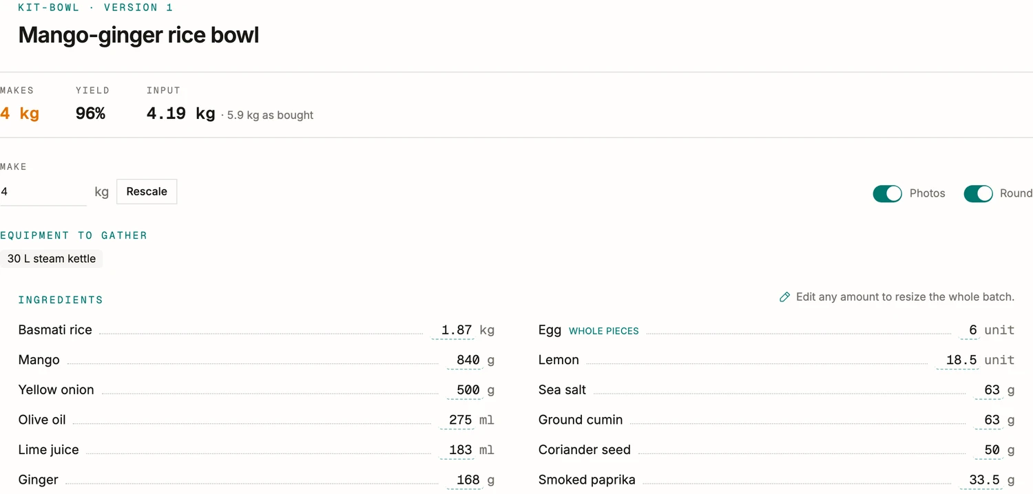 A recipe sheet in BatchDash: what the batch makes, its yield, what goes into the product beside what leaves the shelf, and an egg marked as whole pieces.