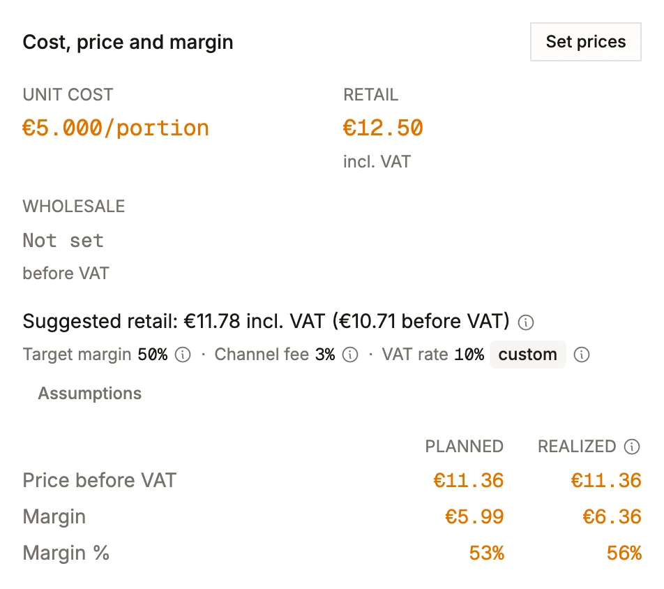 A menu item’s cost card in BatchDash: five euros a portion against a €12.50 menu price, with the planned and realized margin side by side.