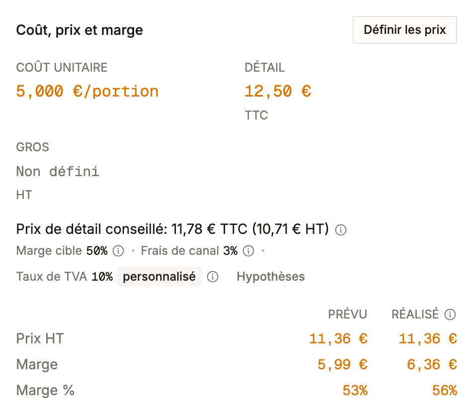 La fiche de coût d'un plat dans BatchDash: cinq euros la portion face à un prix carte de 12,50 €, avec la marge prévue et la marge réalisée côte à côte.