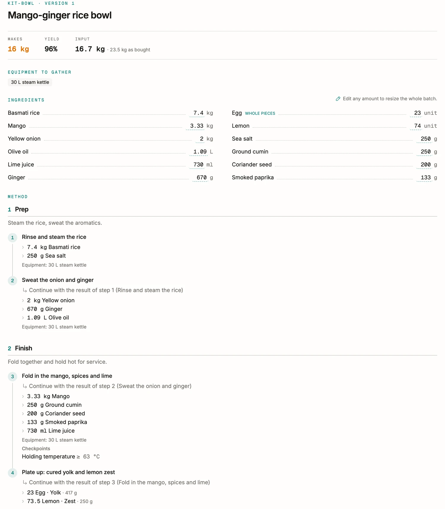 The rice bowl’s prep sheet in BatchDash at 16 kg: the ingredients in kitchen quantities including 23 eggs, the two phases with their equipment, and the 63 °C holding checkpoint.