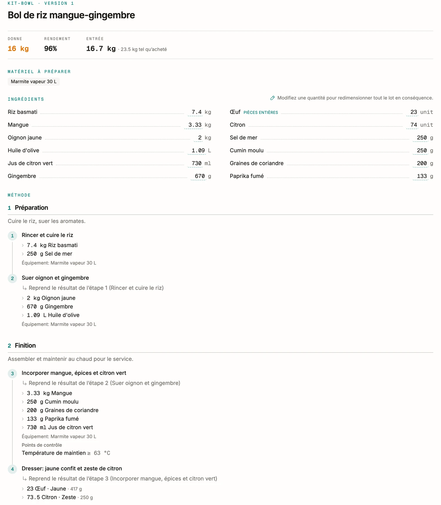 La fiche de mise en place du bol de riz dans BatchDash à 16 kg: les ingrédients en quantités de cuisine dont 23 œufs, les deux phases avec leur matériel, et le contrôle de maintien à 63 °C.