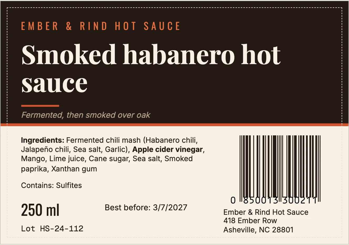 A jar label produced in BatchDash: the ingredient declaration with the fermented mash broken out, the allergen line, 250 ml, lot HS-24-112 and its best-before date.