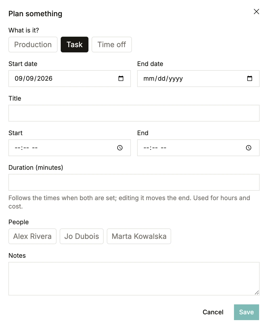 Planning something in BatchDash: a production batch, a task or time off, with the people it is on and the duration that feeds the week’s hours and cost.