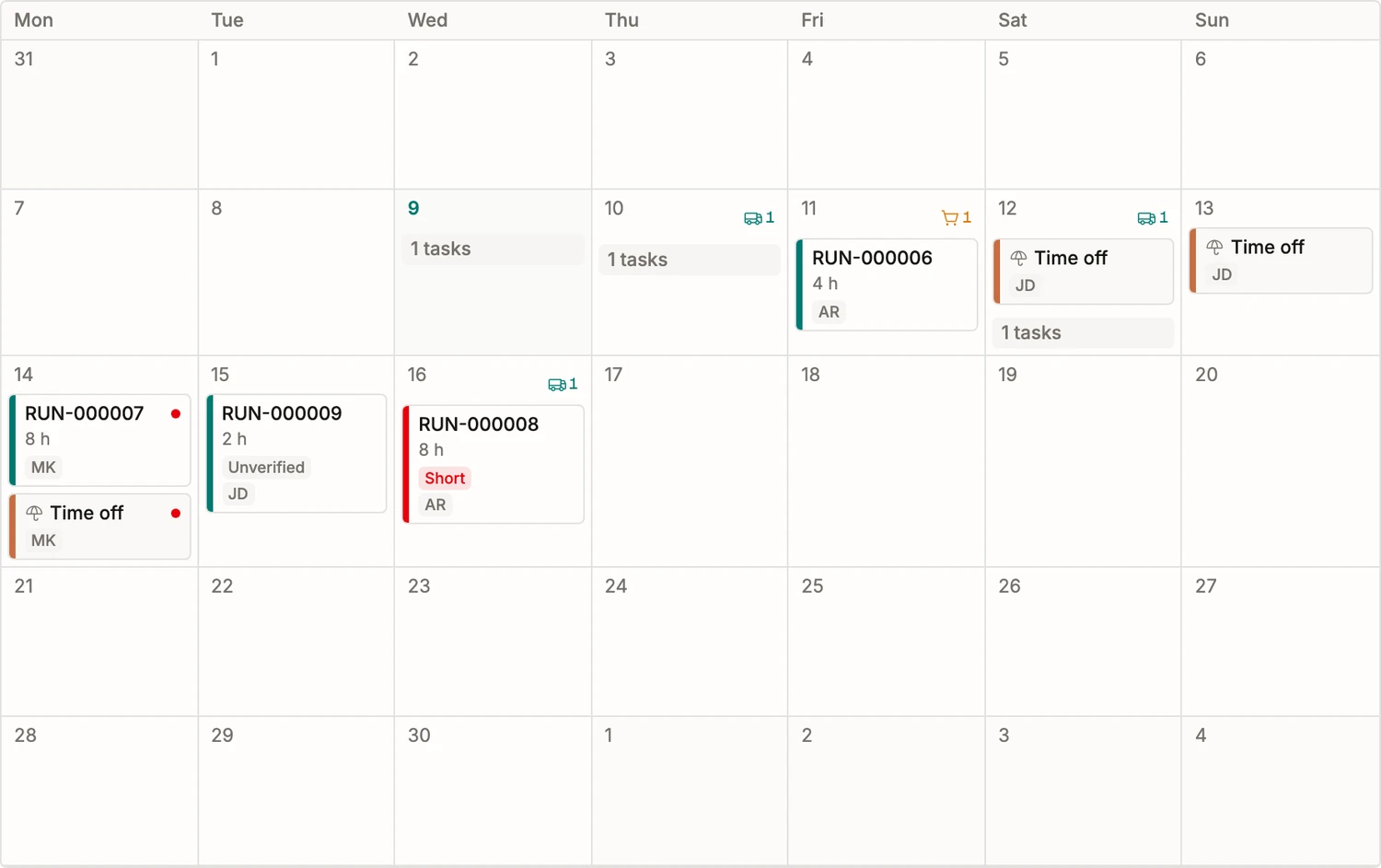 A month on the BatchDash planner: batches, time off and task counts on their days, each with the operator’s initials and the batch’s verdict.
