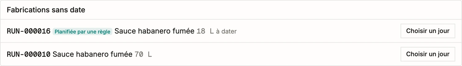 Les fabrications sans date sous le tableau BatchDash: l'une écrite par une règle de réappro, chacune en attente d'un jour.