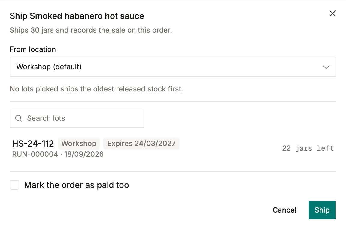 The ship dialog in BatchDash: the shelf it leaves from, the released batches with their expiry dates and balances, and the box to mark the order paid at the same time.