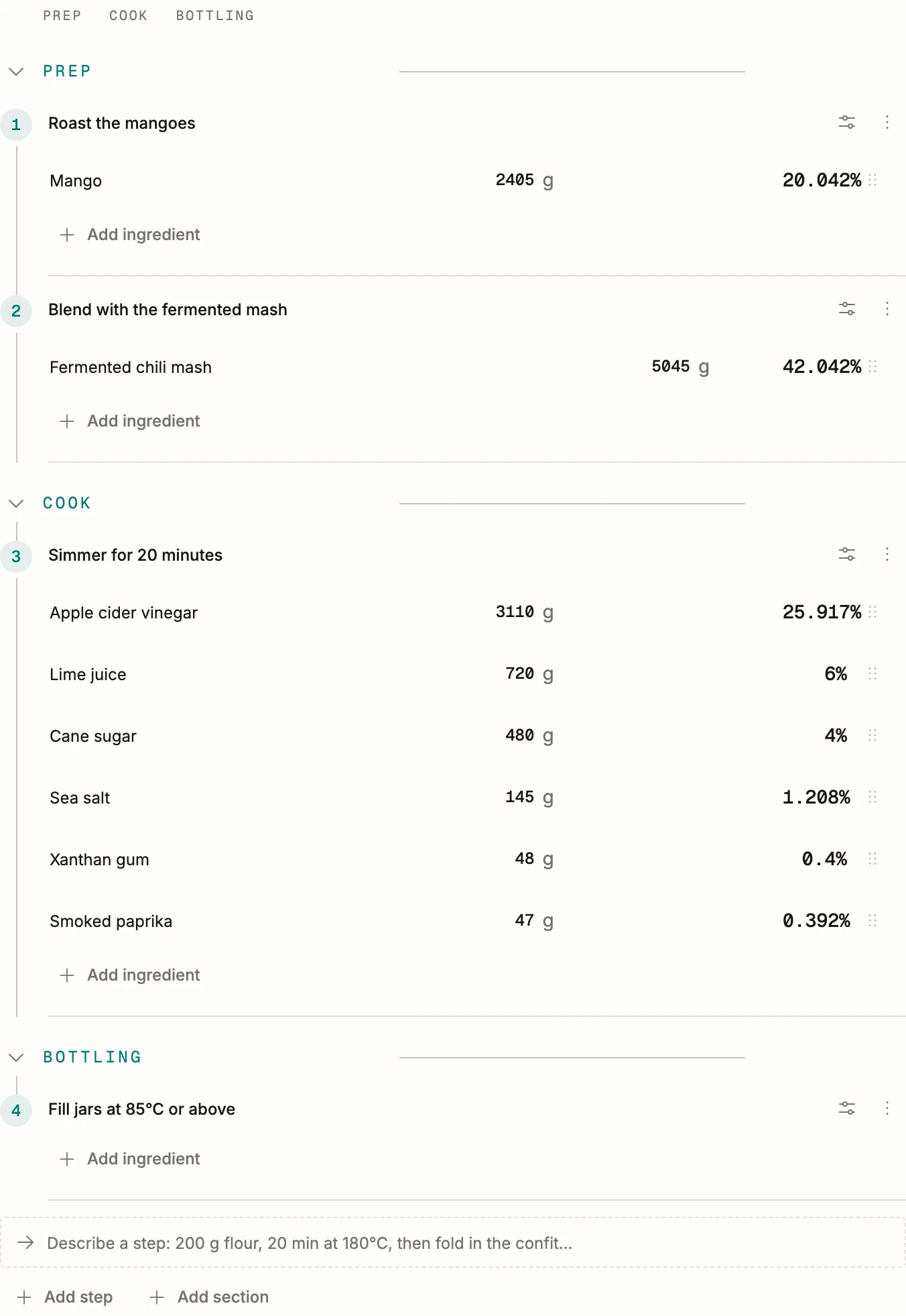 The recipe editor in BatchDash: phases, numbered steps, and each ingredient weighed in grams with its computed share beside it.
