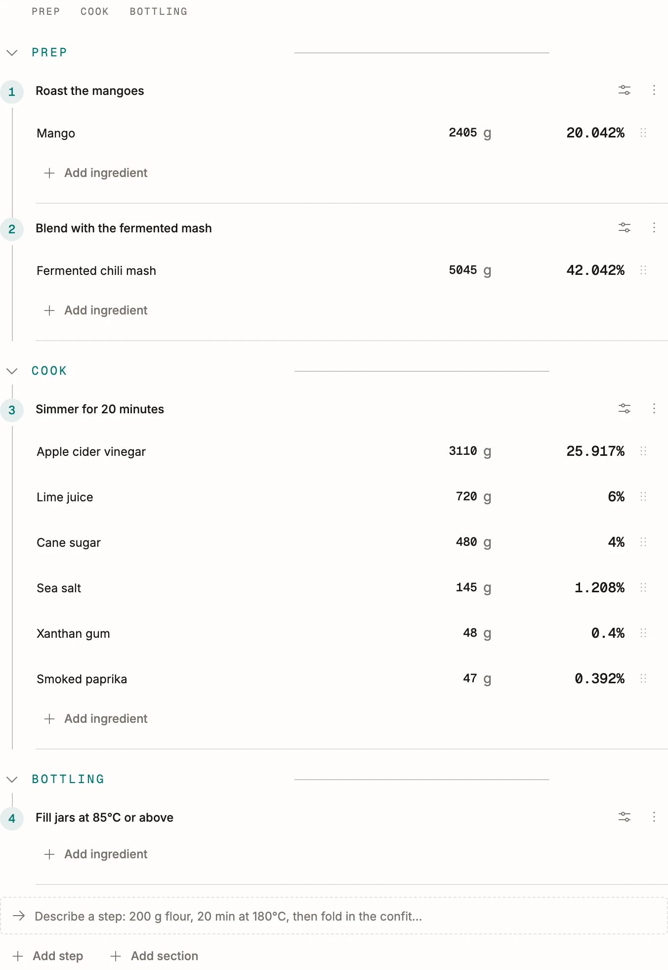 A bench sheet section: ingredients weighed in grams with their back-computed shares.