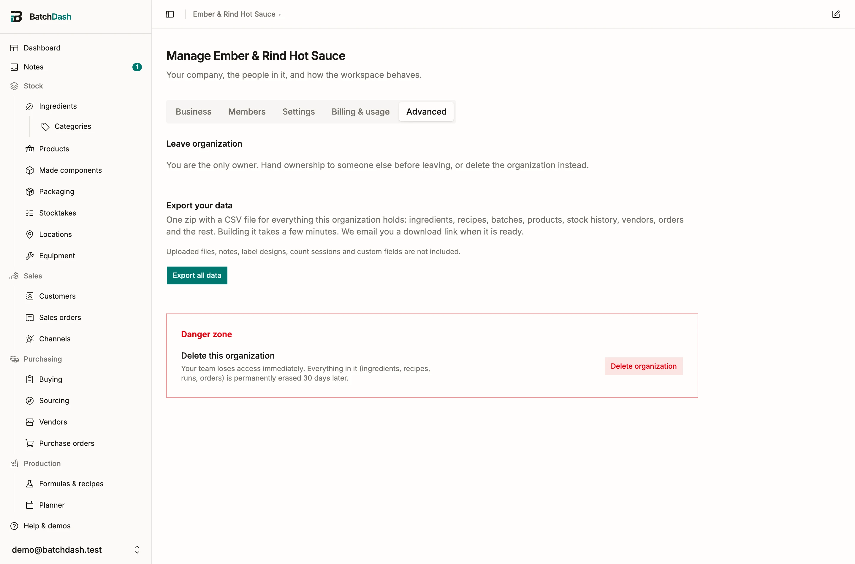 Export your data on the Advanced tab, above the Danger zone