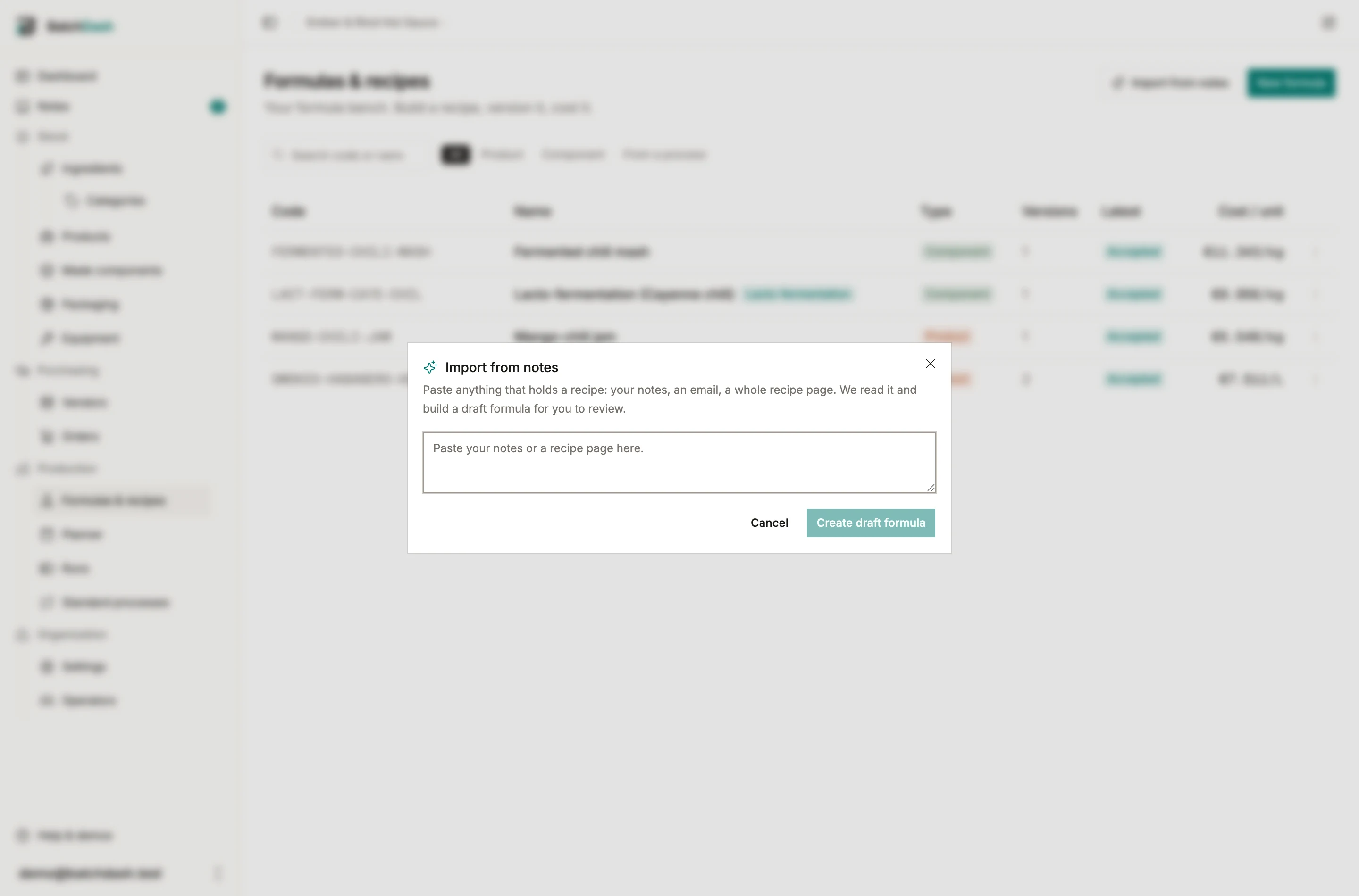 The import dialog with pasted recipe notes