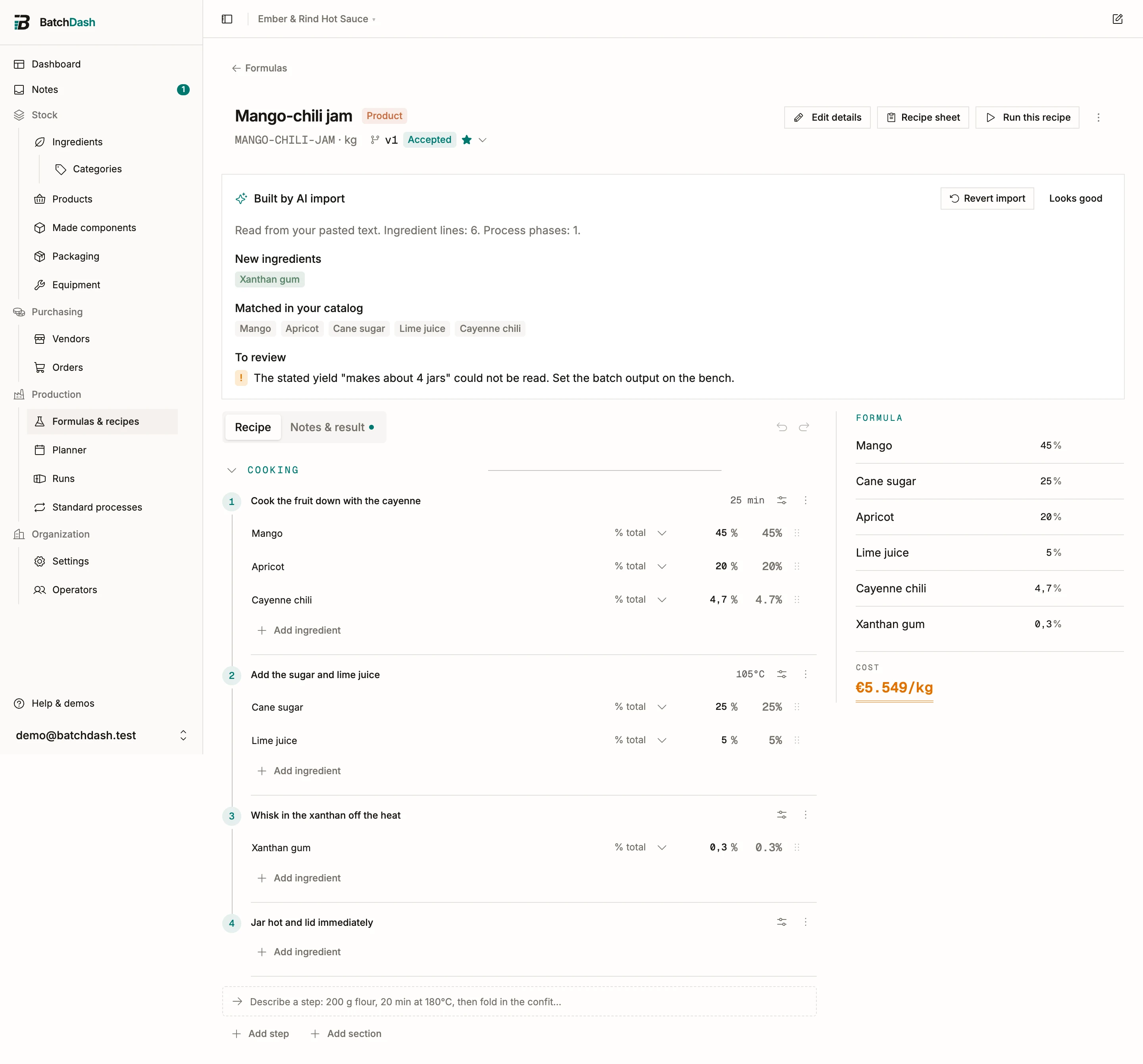 A formula built by AI import, with the review card on top