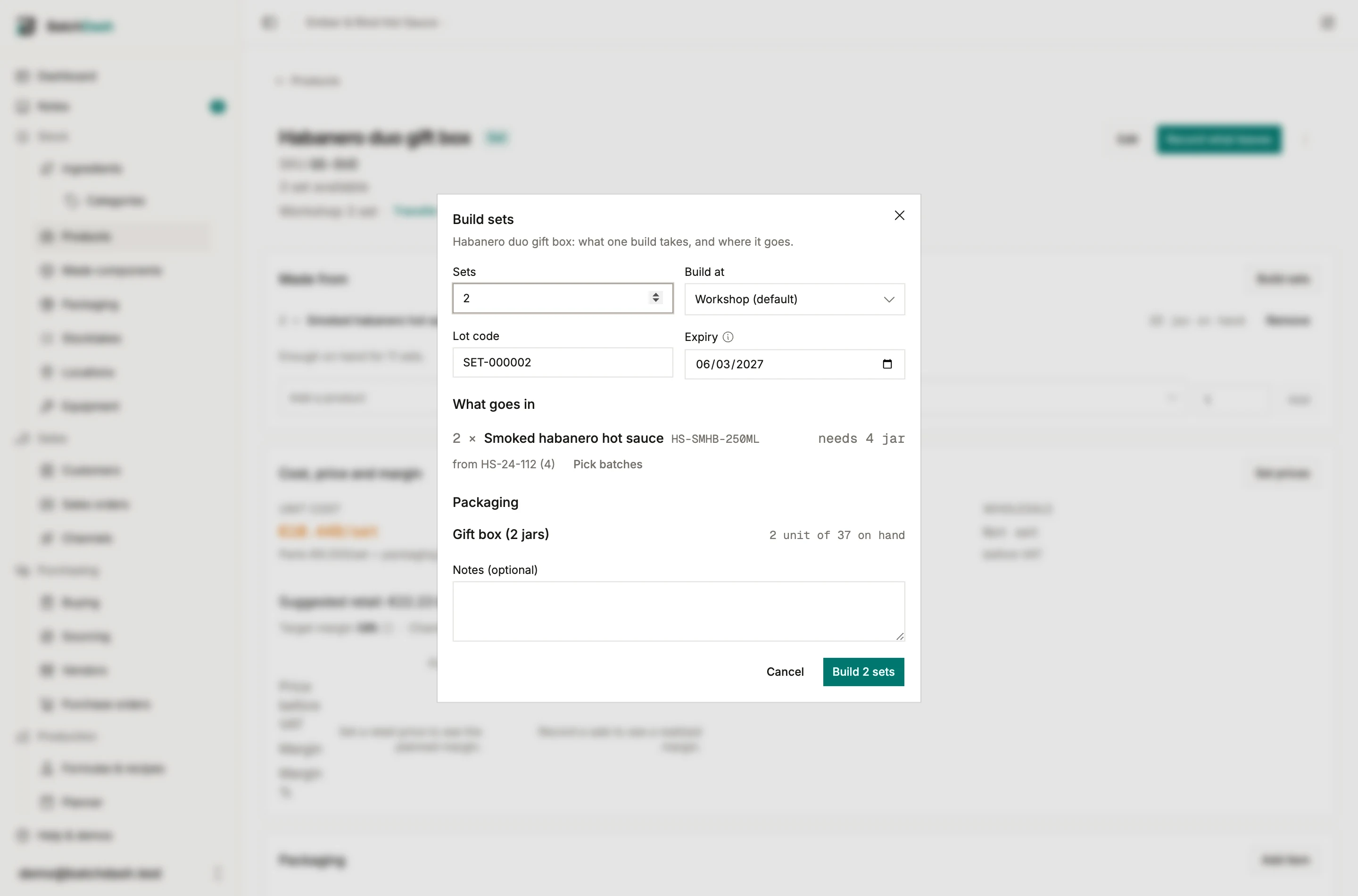 The Build sets dialog, with the plan for two sets