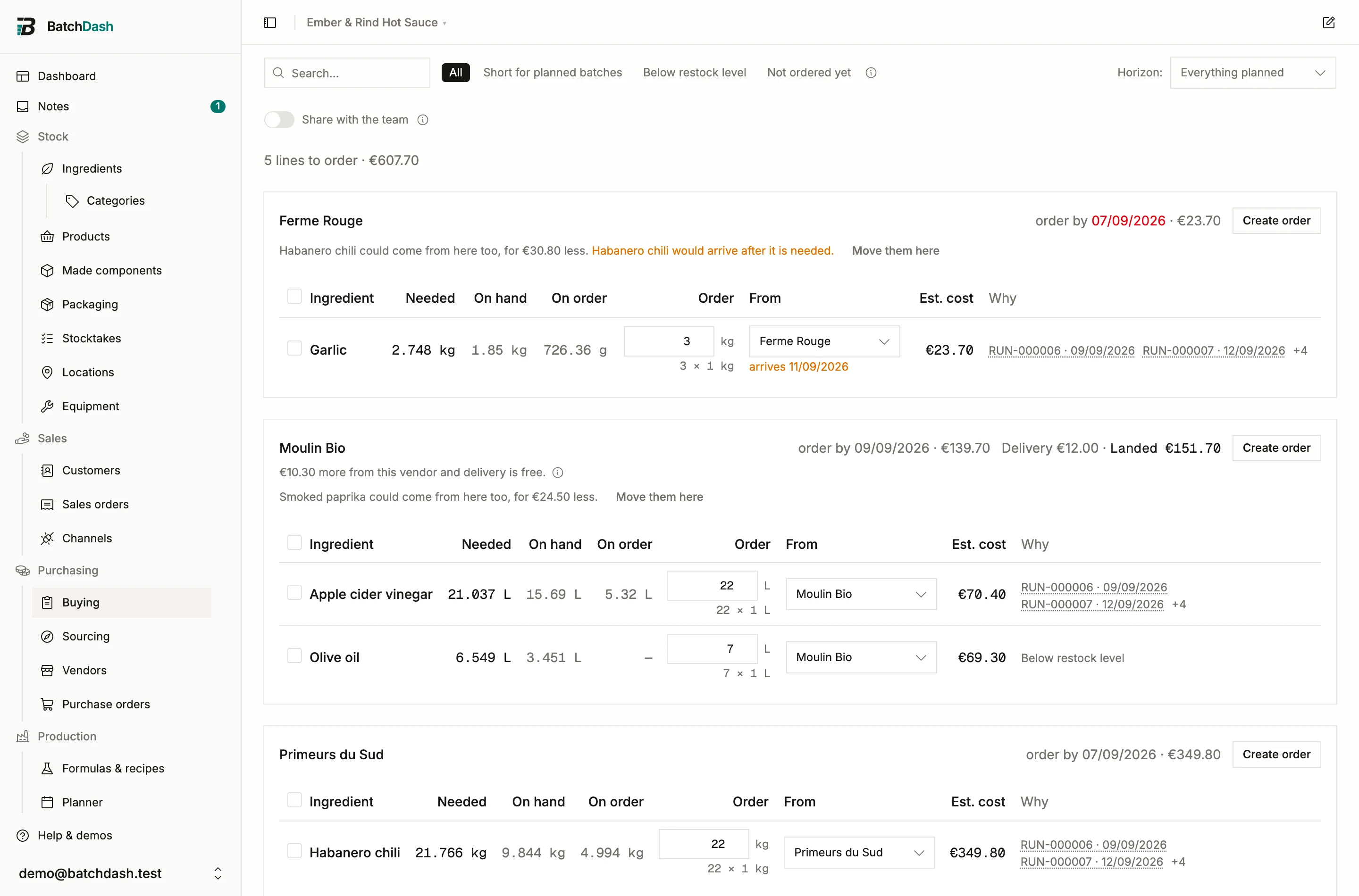 A vendor card counting carriage: goods, delivery, landed, and the gap to free delivery