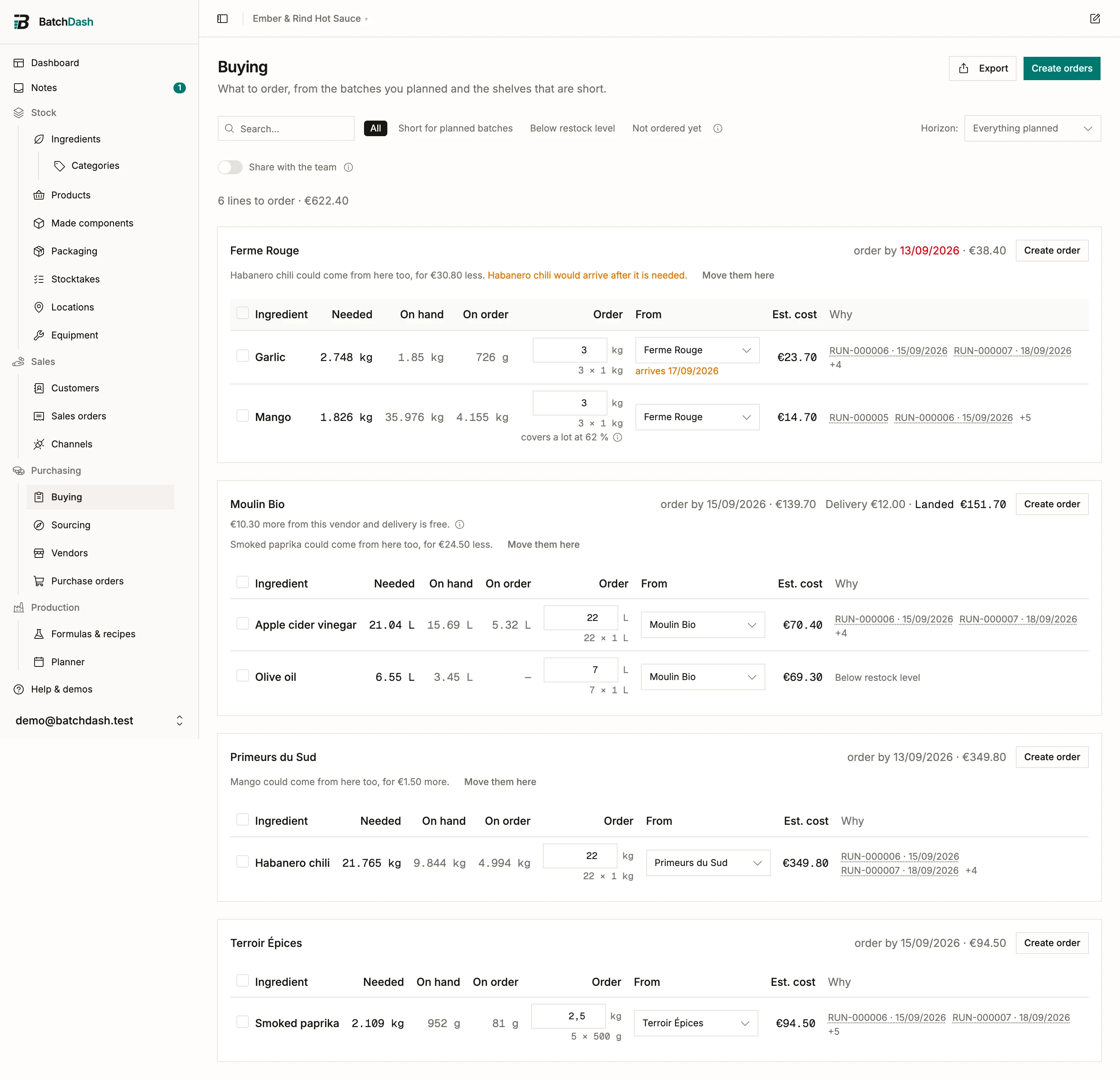 The Buying page with a card per vendor