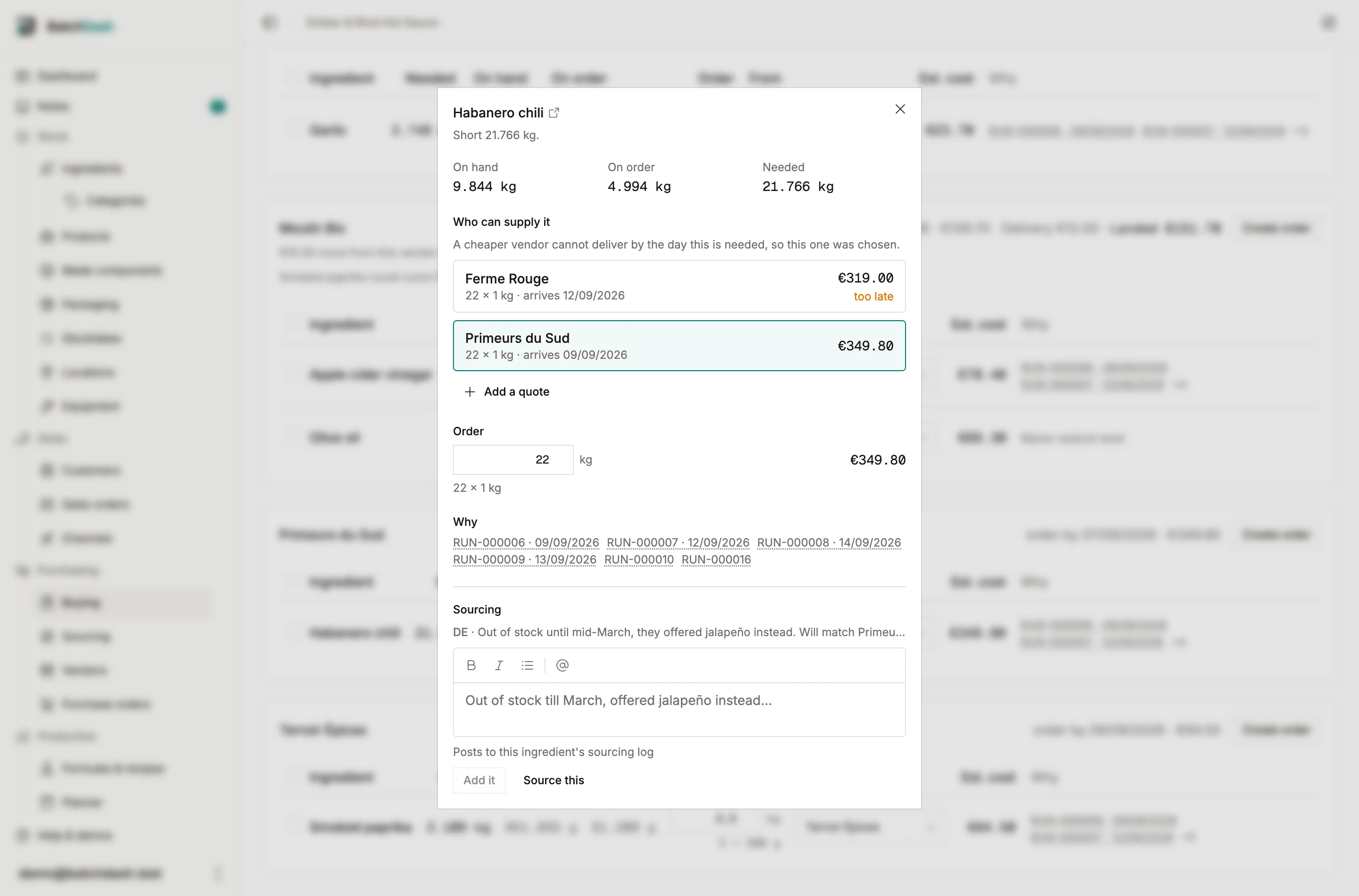 One line’s own screen: every vendor who can supply it, the pack math, and the Sourcing block