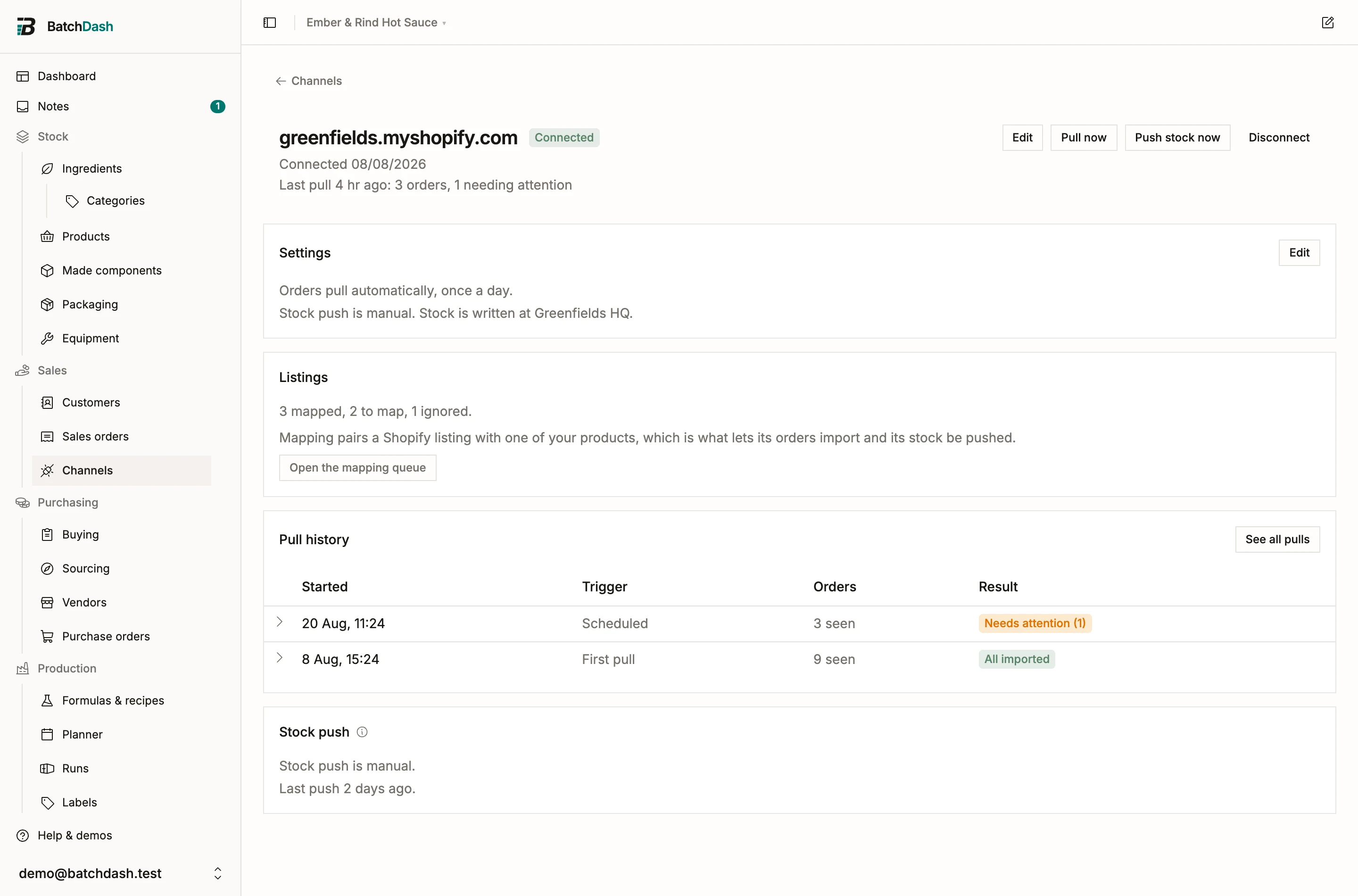 The connection page with its settings, listings, pull history and stock push