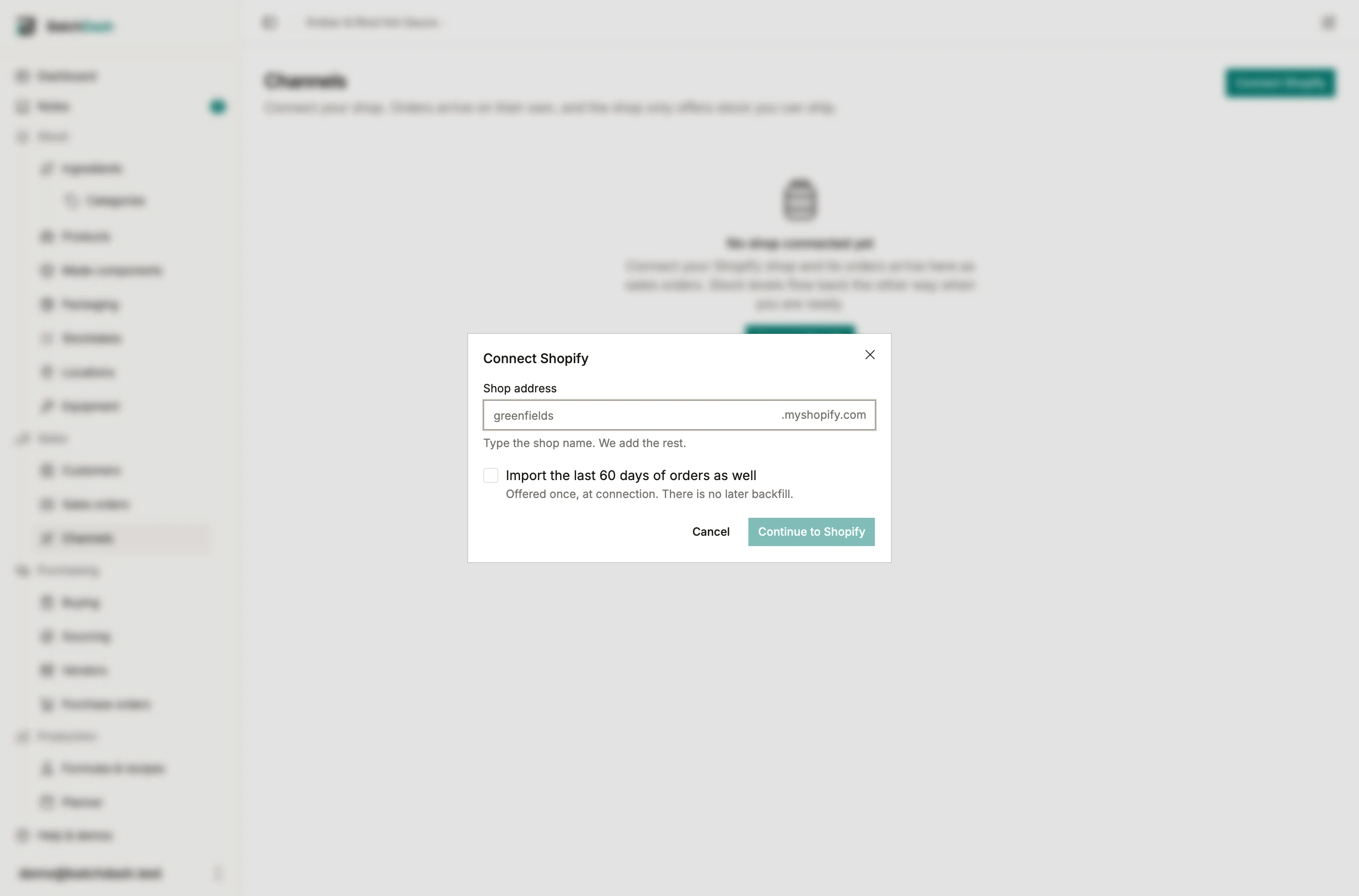 The connect dialog with the shop address and the backfill choice