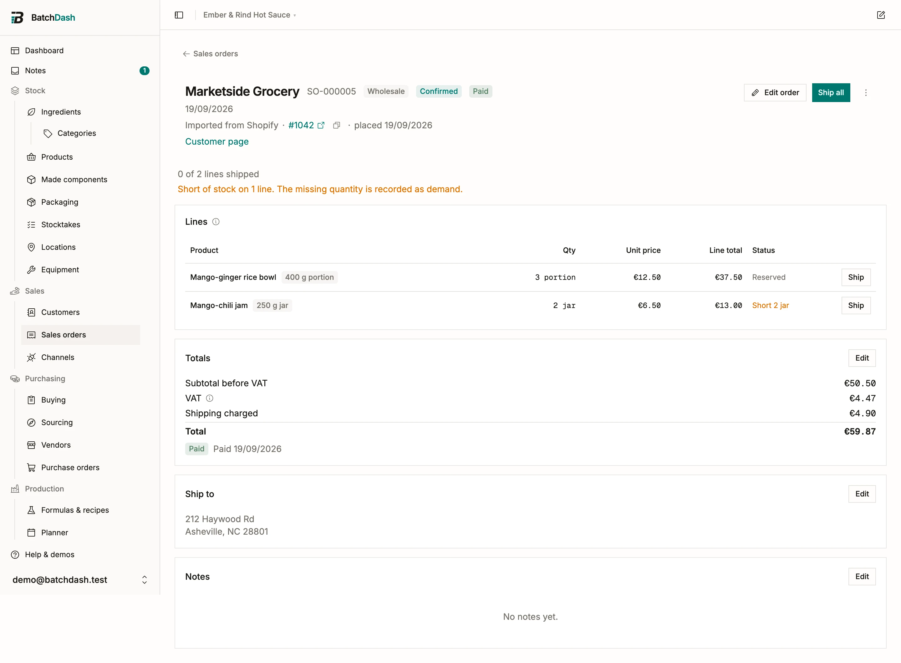 An imported order: a normal sales order with its Shopify source line