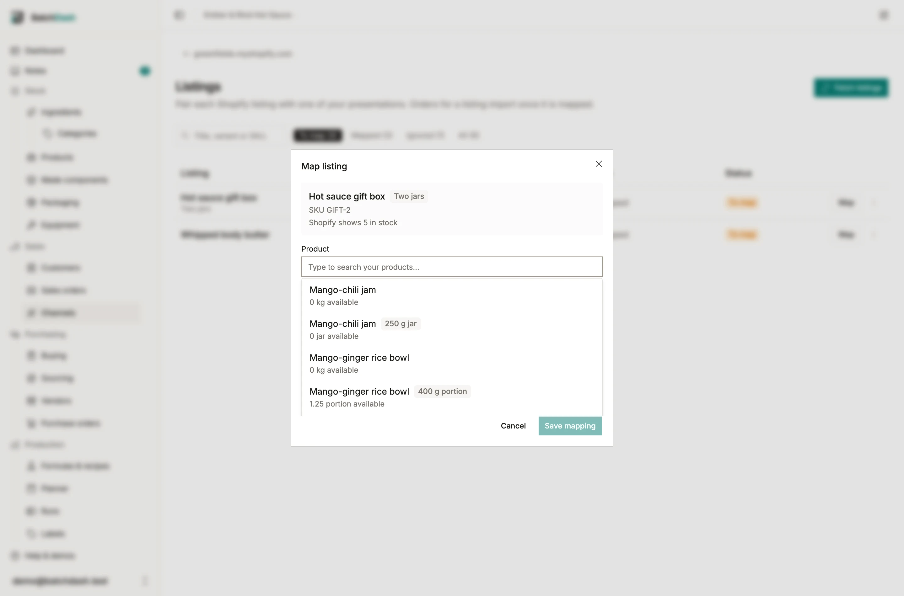 The mapping dialog with the product picker