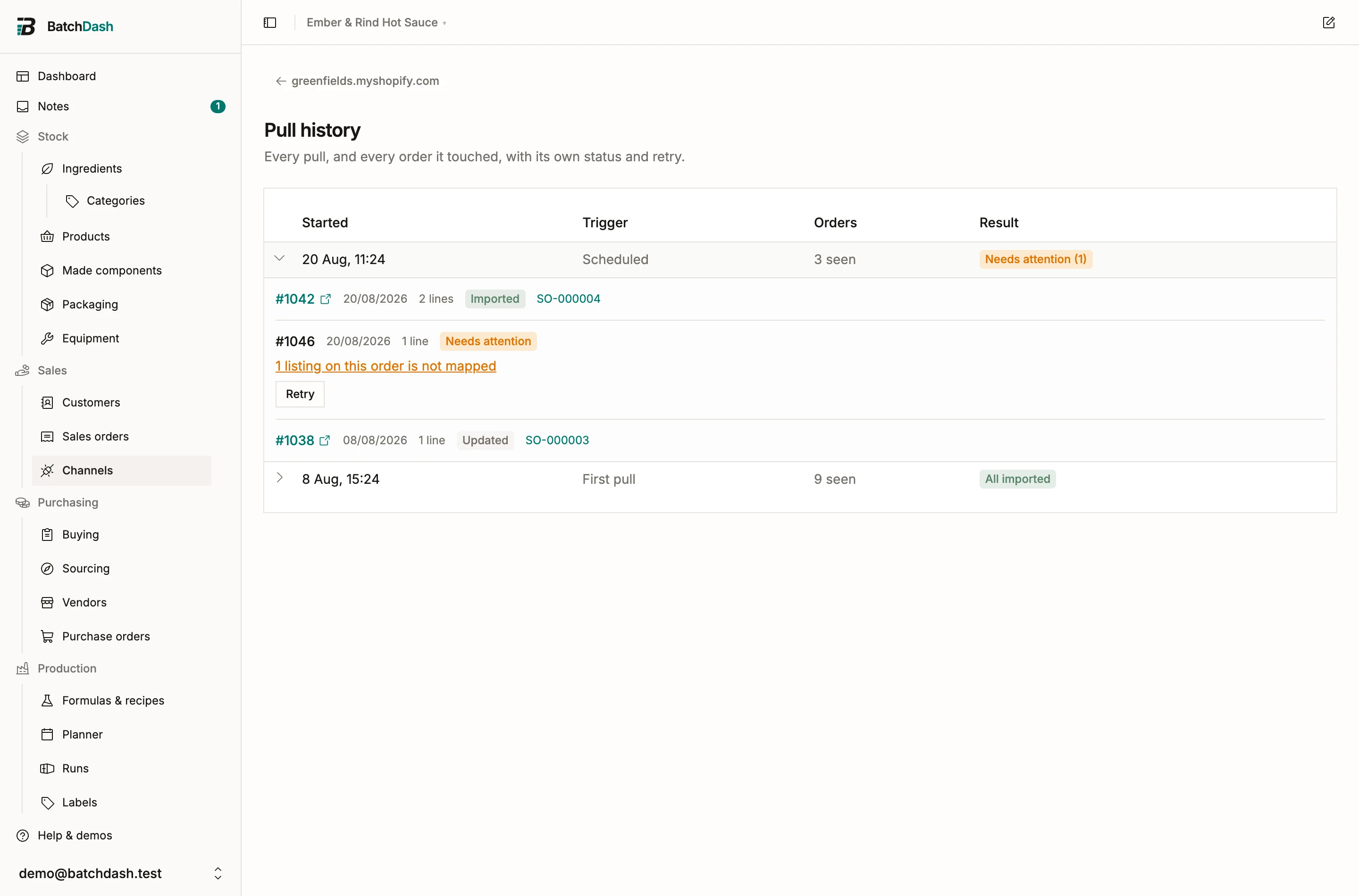 Pull history with a pull expanded to its per-order rows