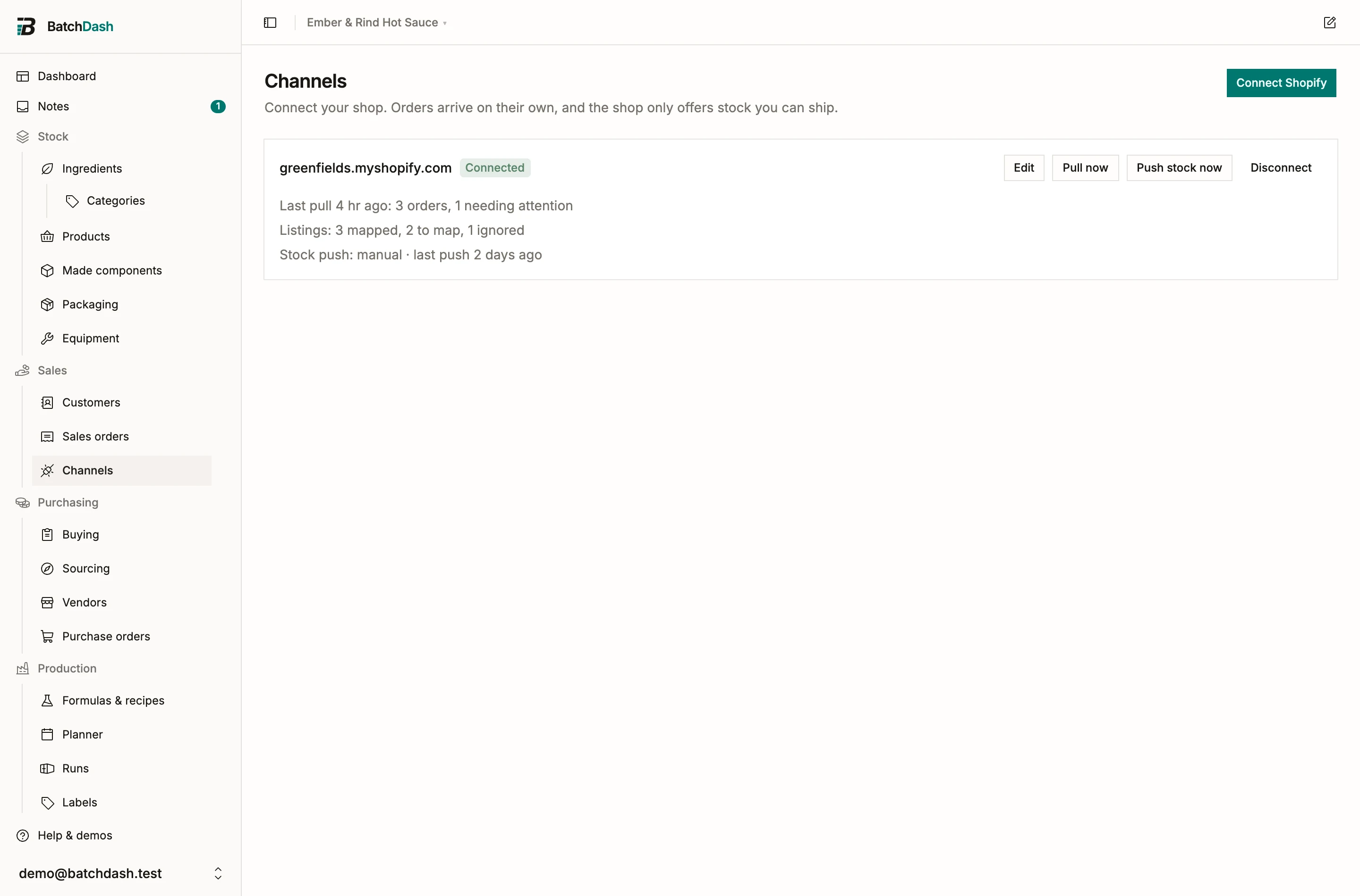 The Channels page with a connected shop