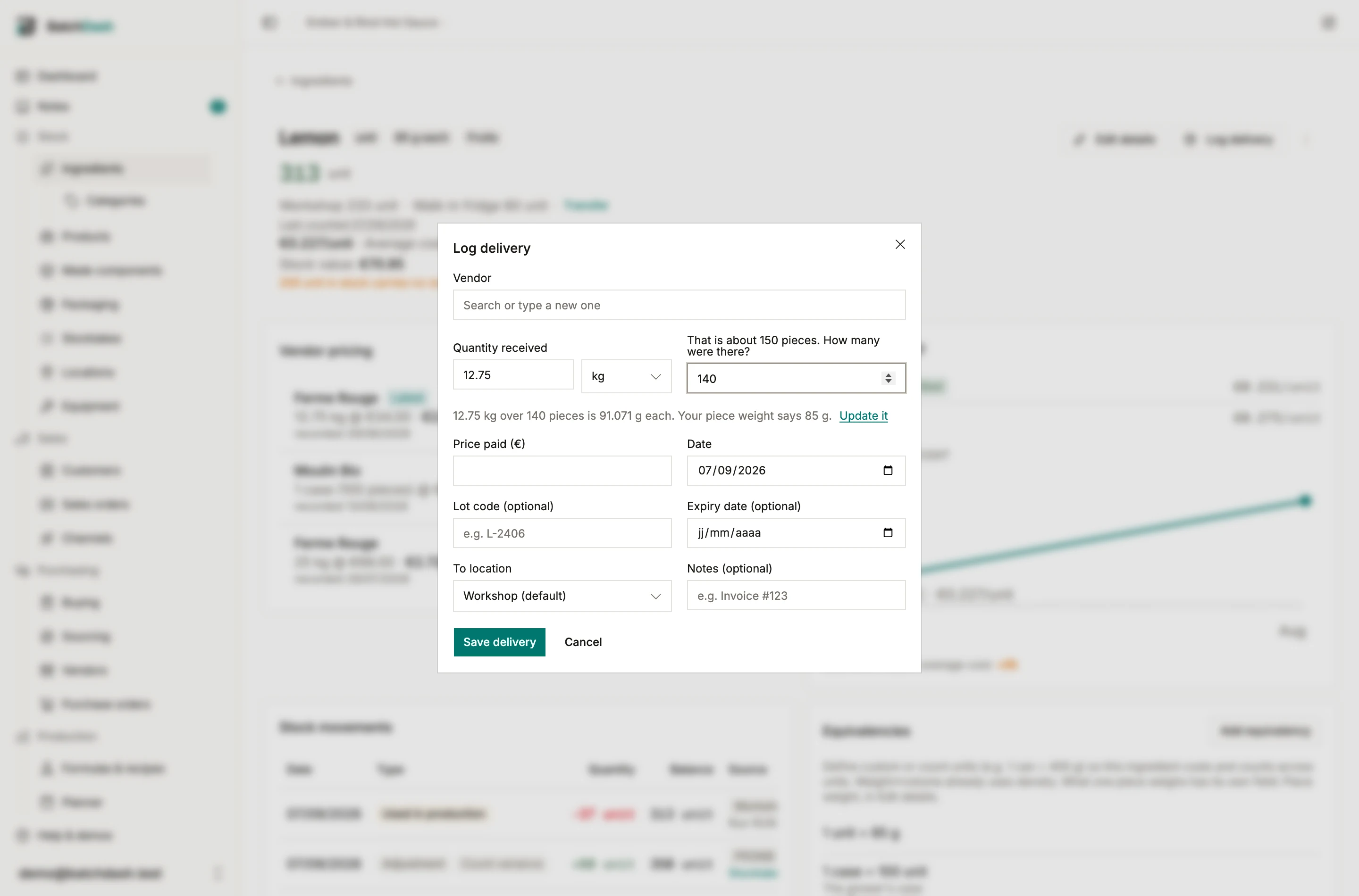 The delivery dialog: the derived count, the corrected count, and the offer to update the piece weight