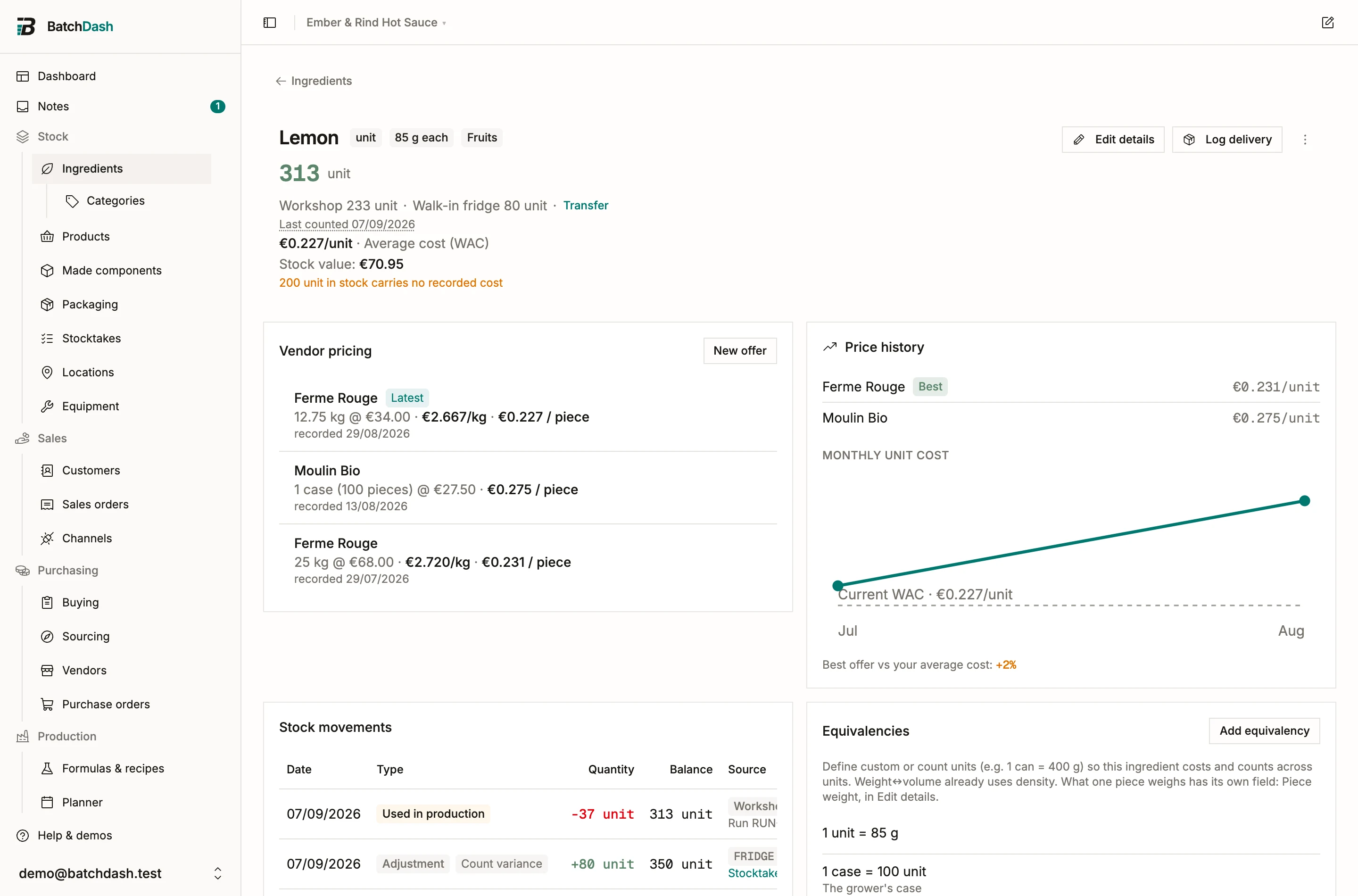 The vendor pricing section: an offer per kilo and an offer per case, both showing a price per piece