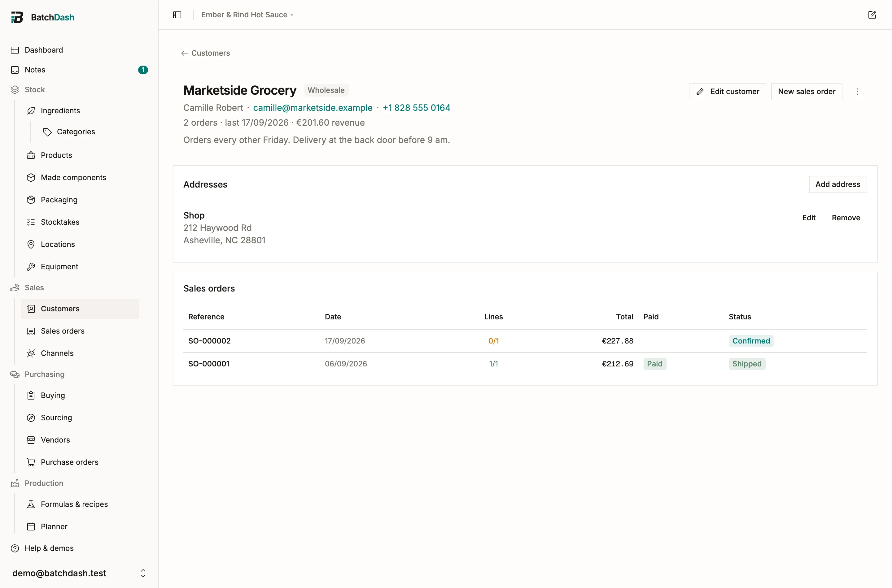 A customer page with addresses and order history