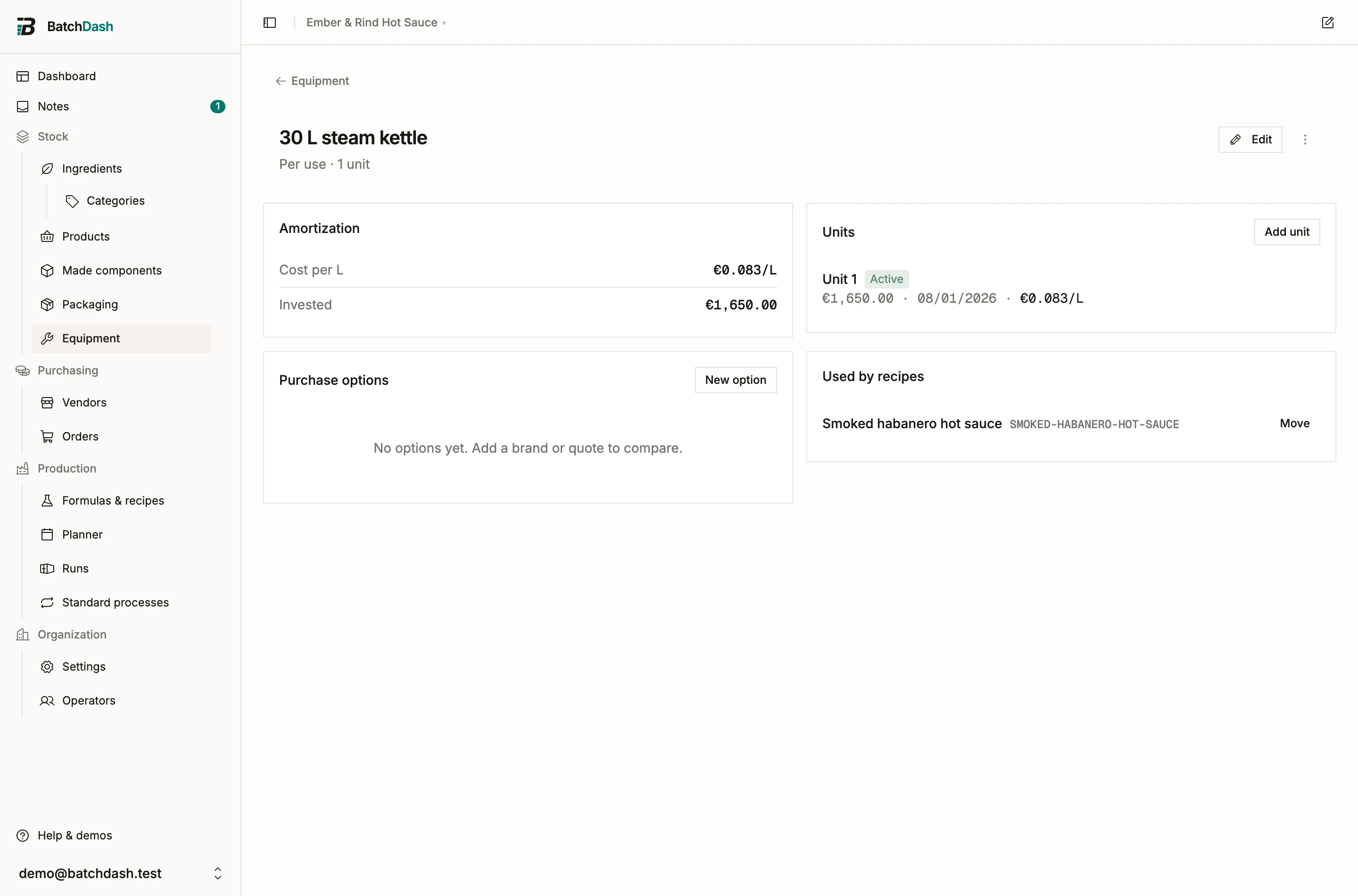 An equipment page with units and purchase options