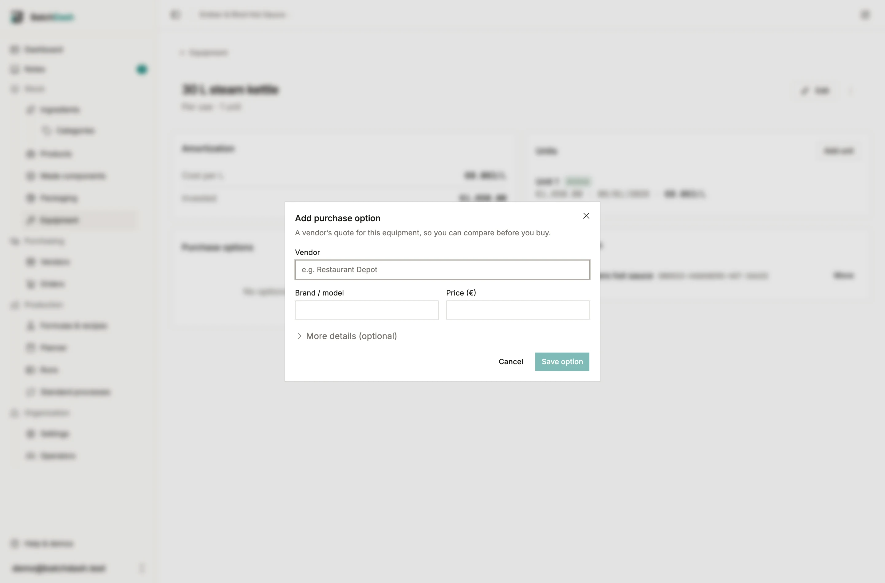 The purchase-option dialog: attach a vendor, brand, and price