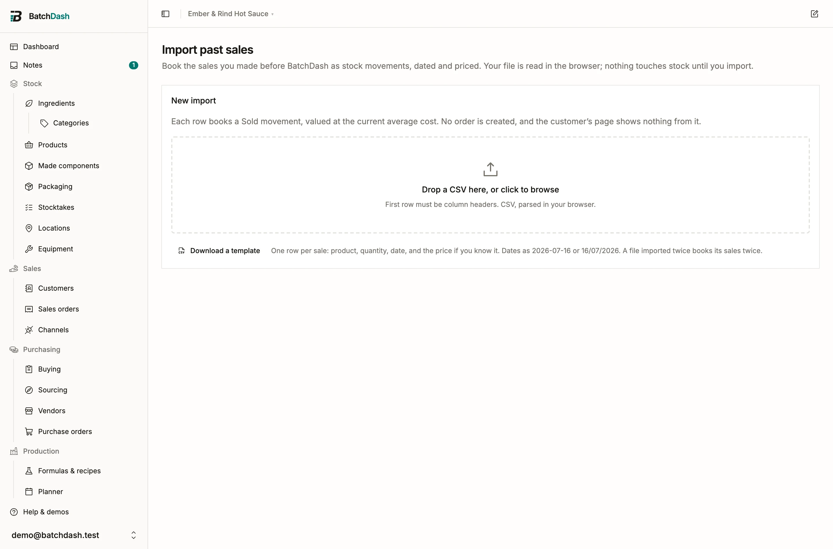 The past-sales import before a file is dropped