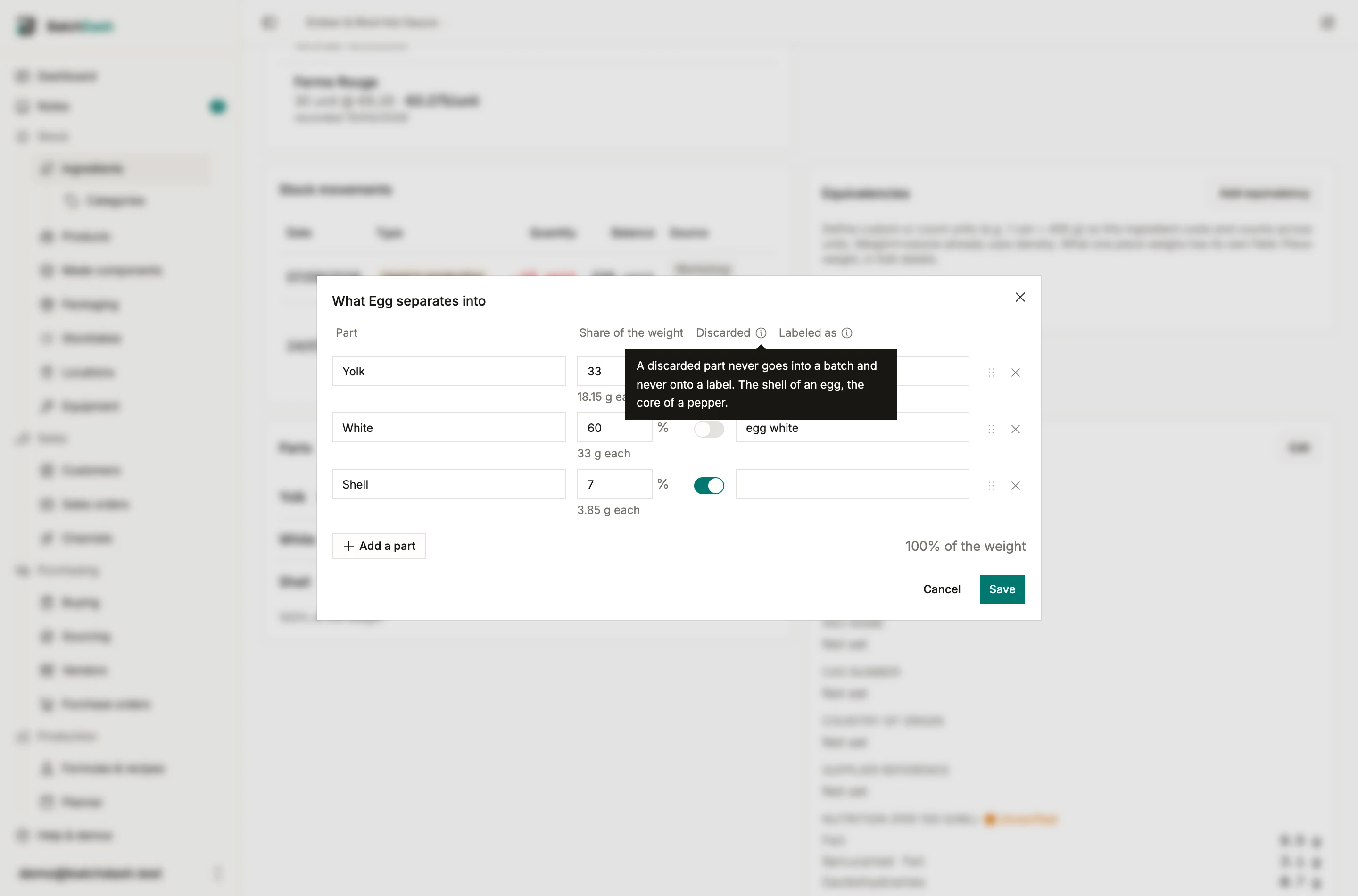 The parts dialog on an ingredient: name, share and the discarded switch per part