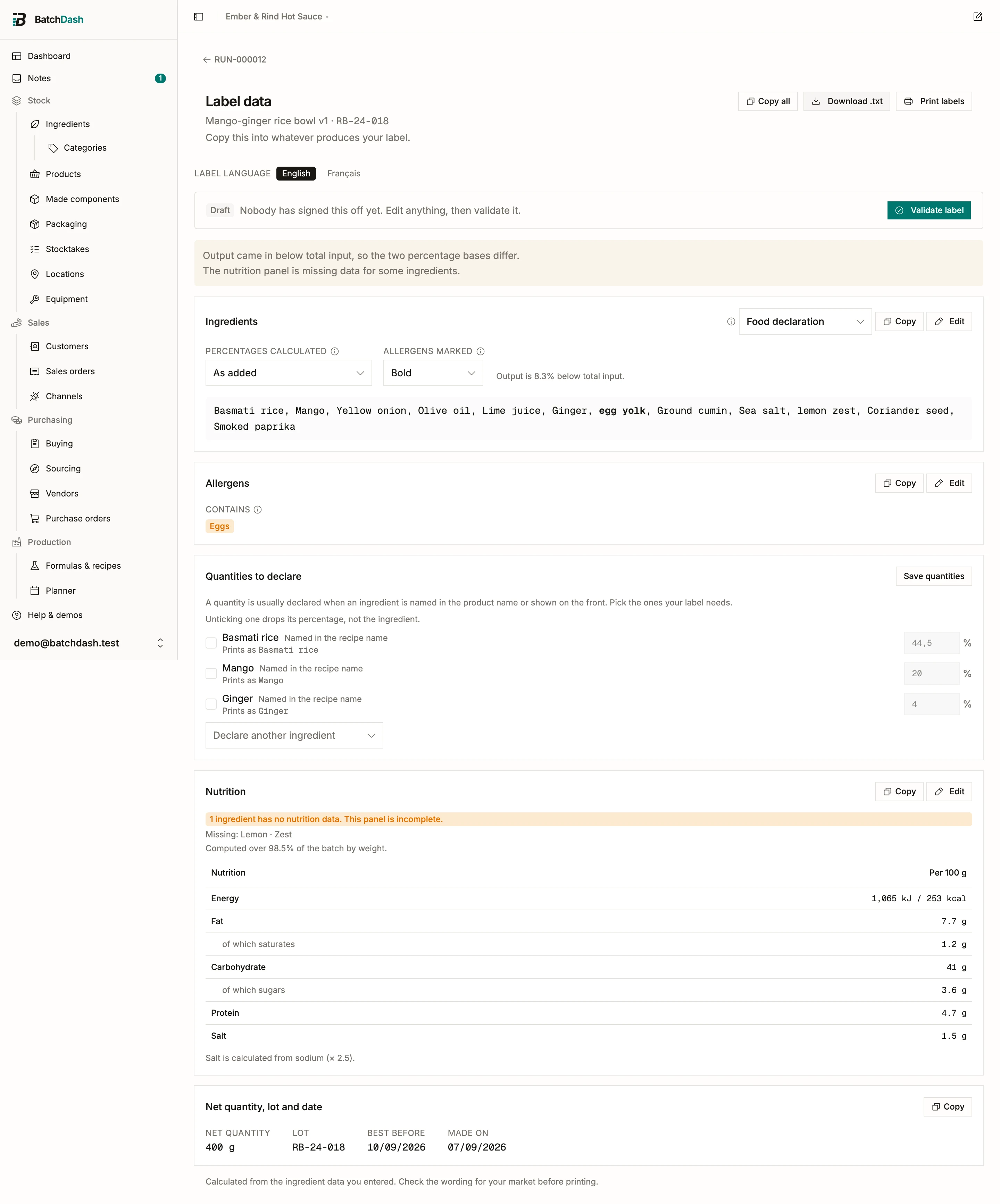 A batch’s ingredient declaration reading egg white and egg yolk