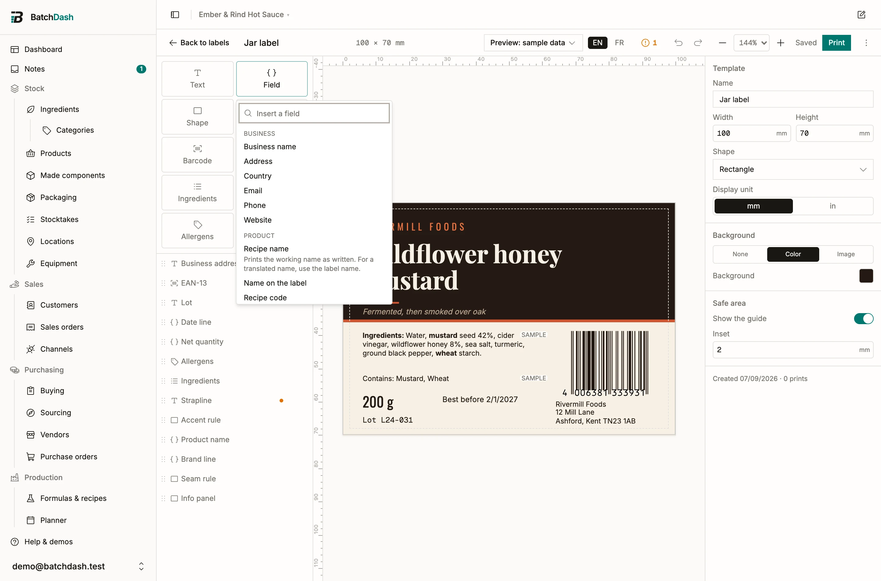 The field picker, open over the editor