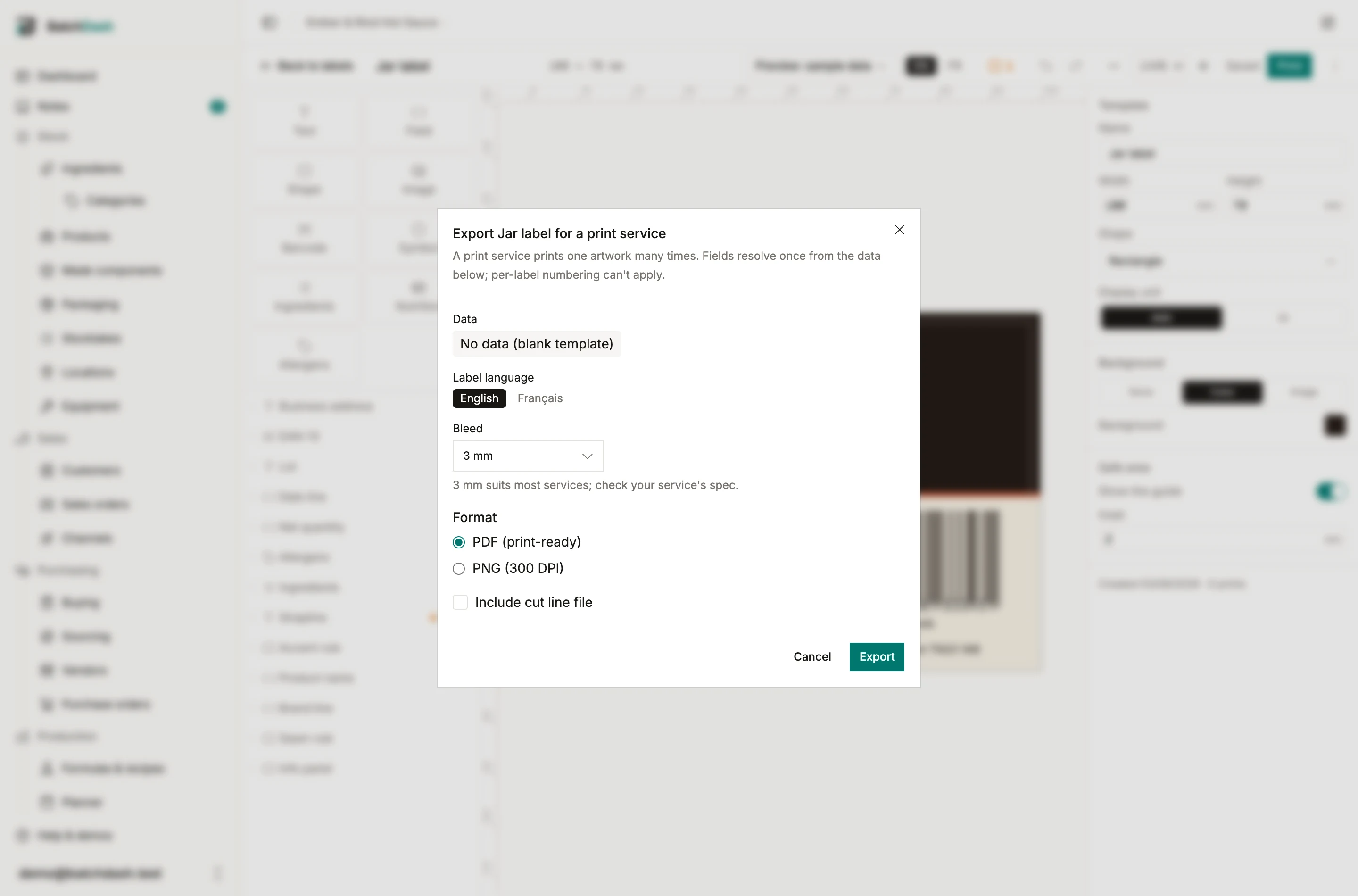 The export dialog