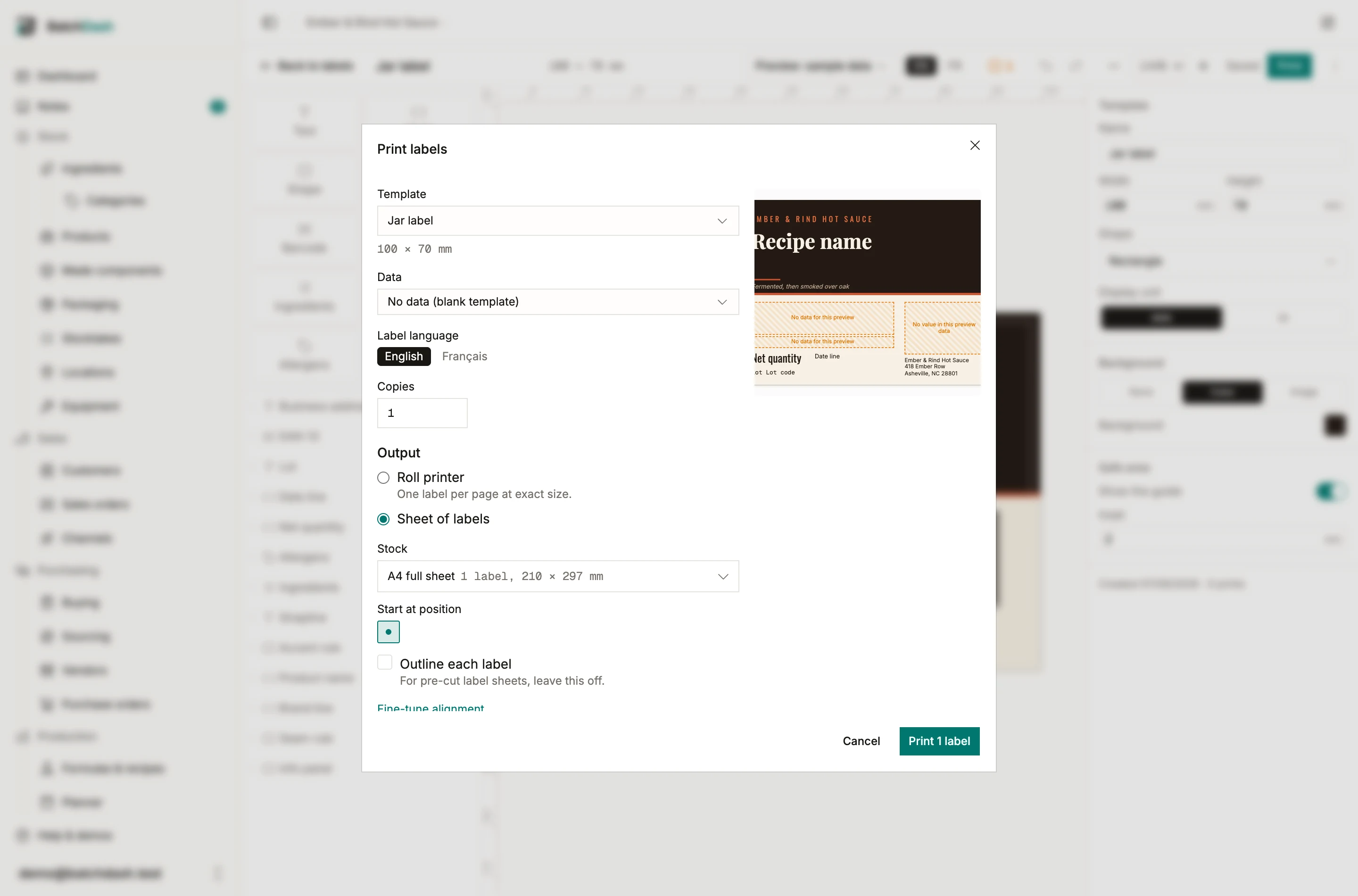 The print dialog, bound to a batch