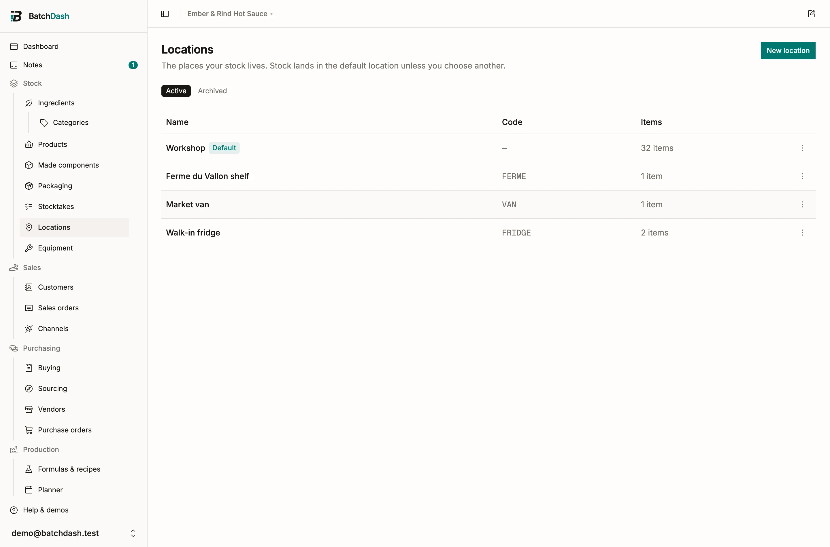 The locations list