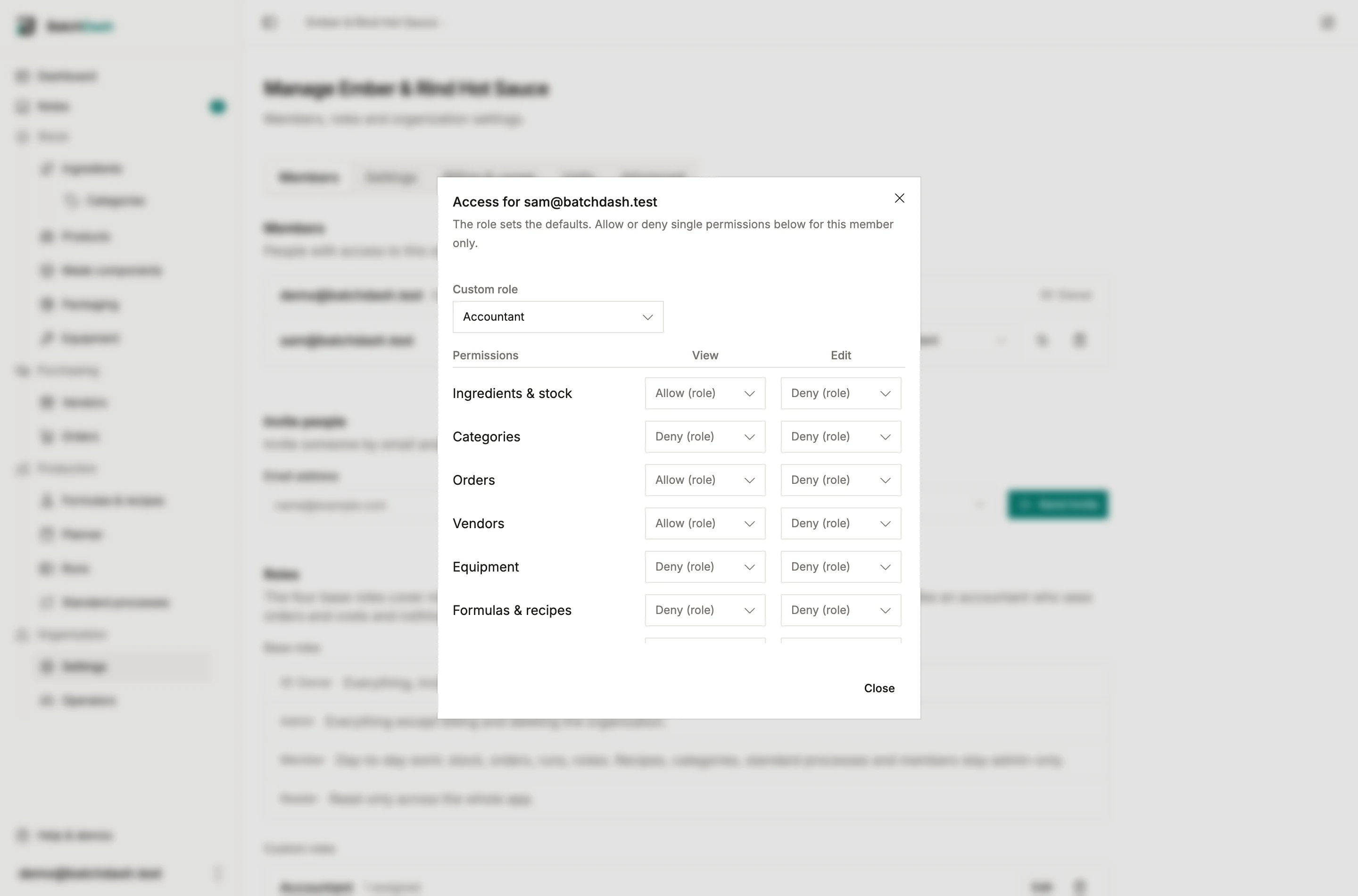 The per-member access dialog, with each permission set to allow, deny or the role default
