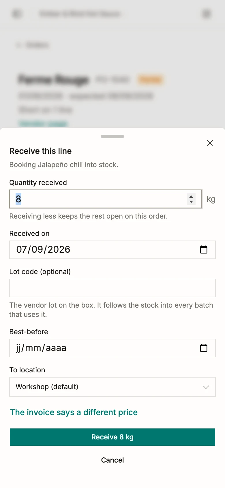 Receiving a line on a phone: the dialog slides up from the bottom of the screen